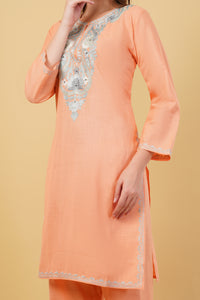 Kashmiri Aari embroidery Cotton Co-ord set Size-40(Peach)