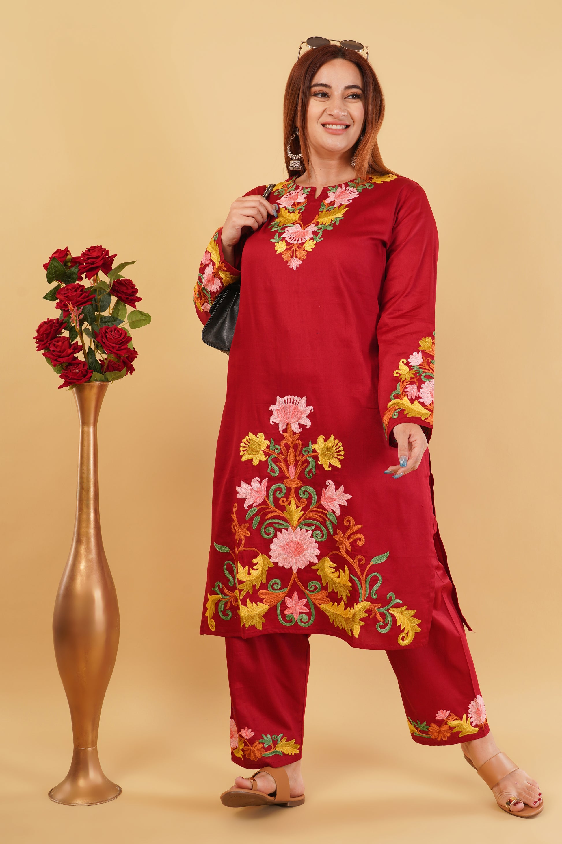 Kashmiri Aari embroidery Jaam Cotton Co-ord set Size-46 (Red)
