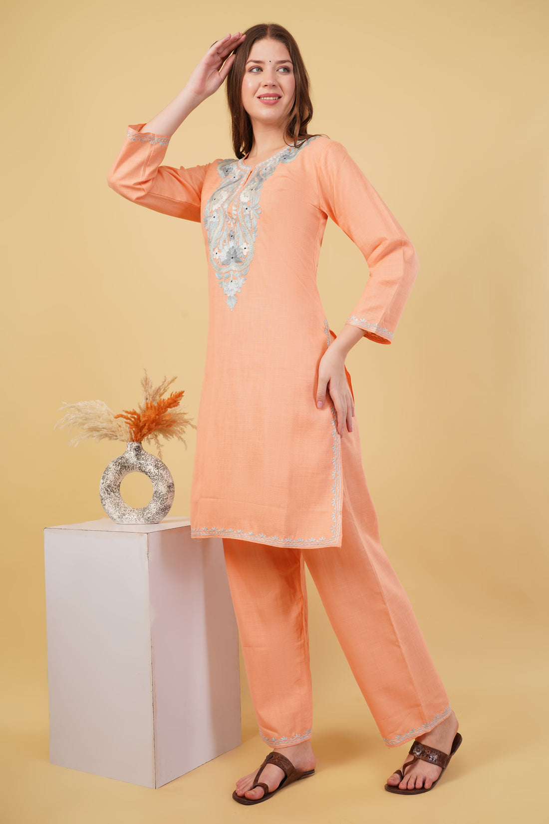 Kashmiri Aari embroidery Cotton Co-ord set Size-40(Peach)