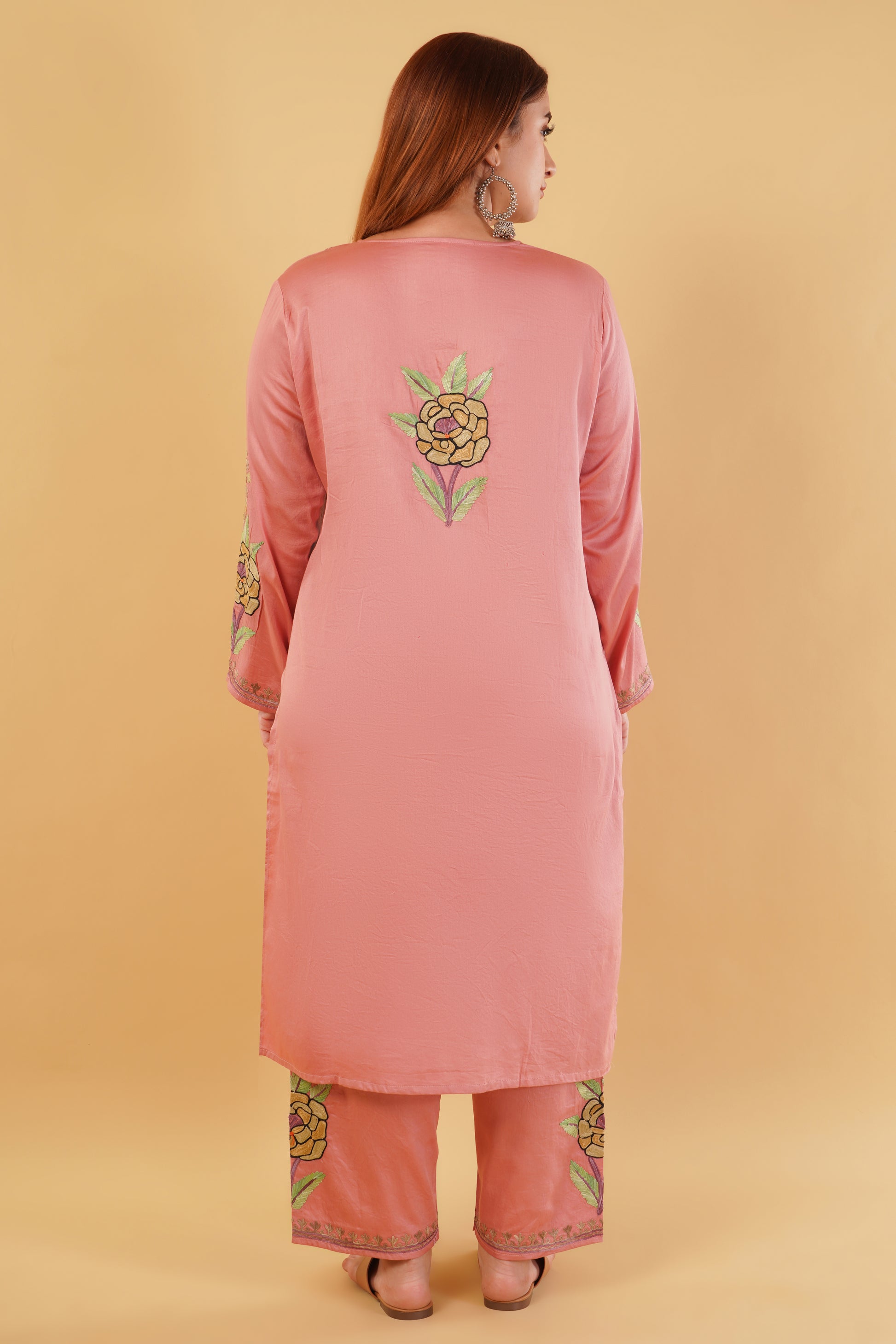 Kashmiri Aari embroidery Jaam Cotton Co-ord set Size-46 (Salmon Pink)