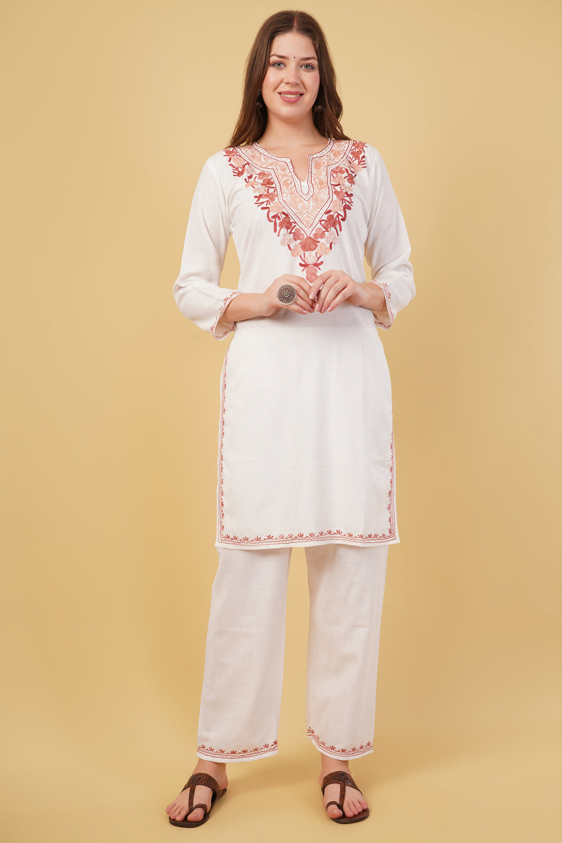 Kashmiri Aari embroidery Cotton Co-ord set Size-40 (White)