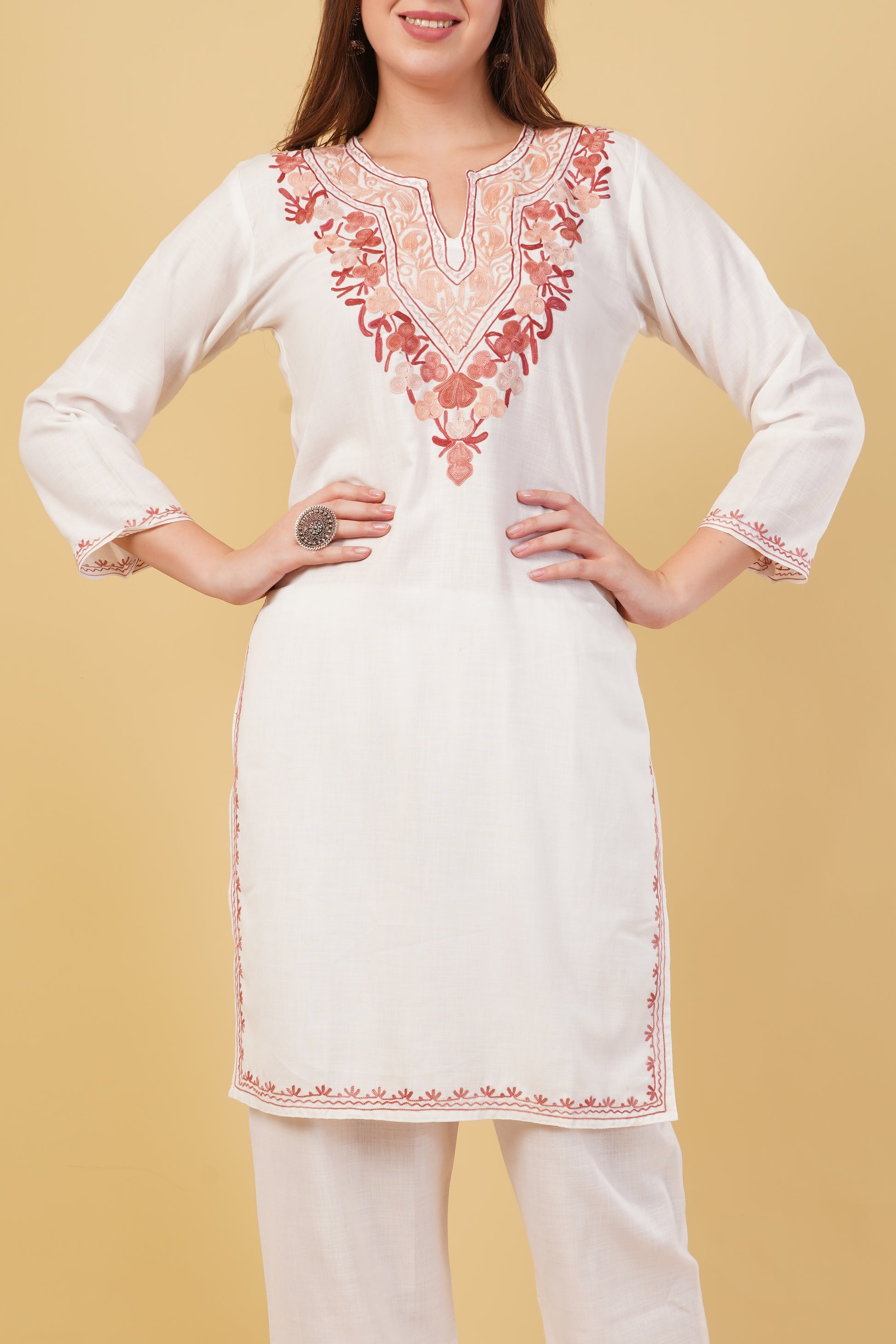 Kashmiri Aari embroidery Cotton Co-ord set Size-40 (White)