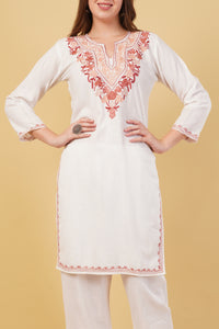 Kashmiri Aari embroidery Cotton Co-ord set Size-40 (White)