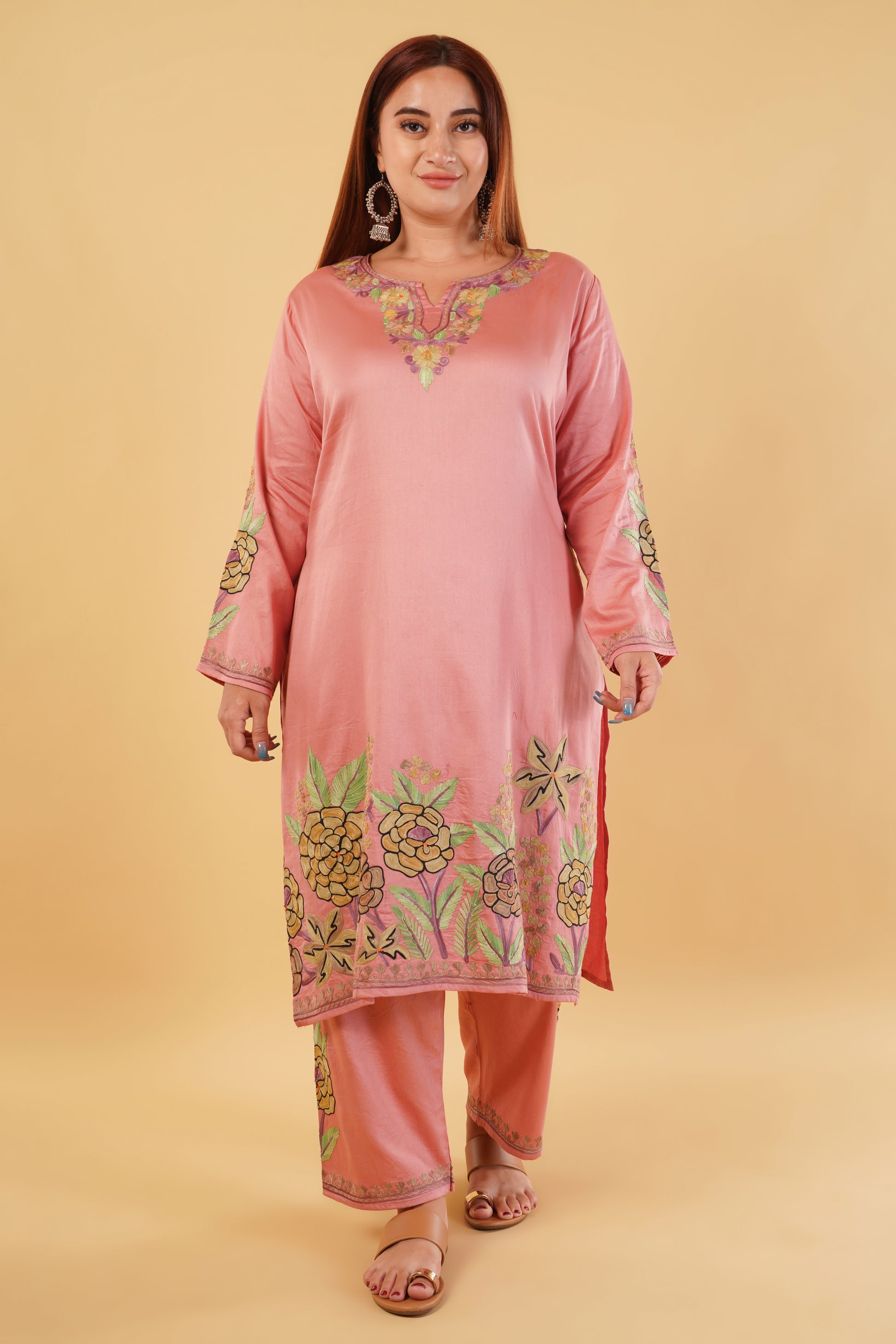 Kashmiri Aari embroidery Jaam Cotton Co-ord set Size-46 (Salmon Pink)