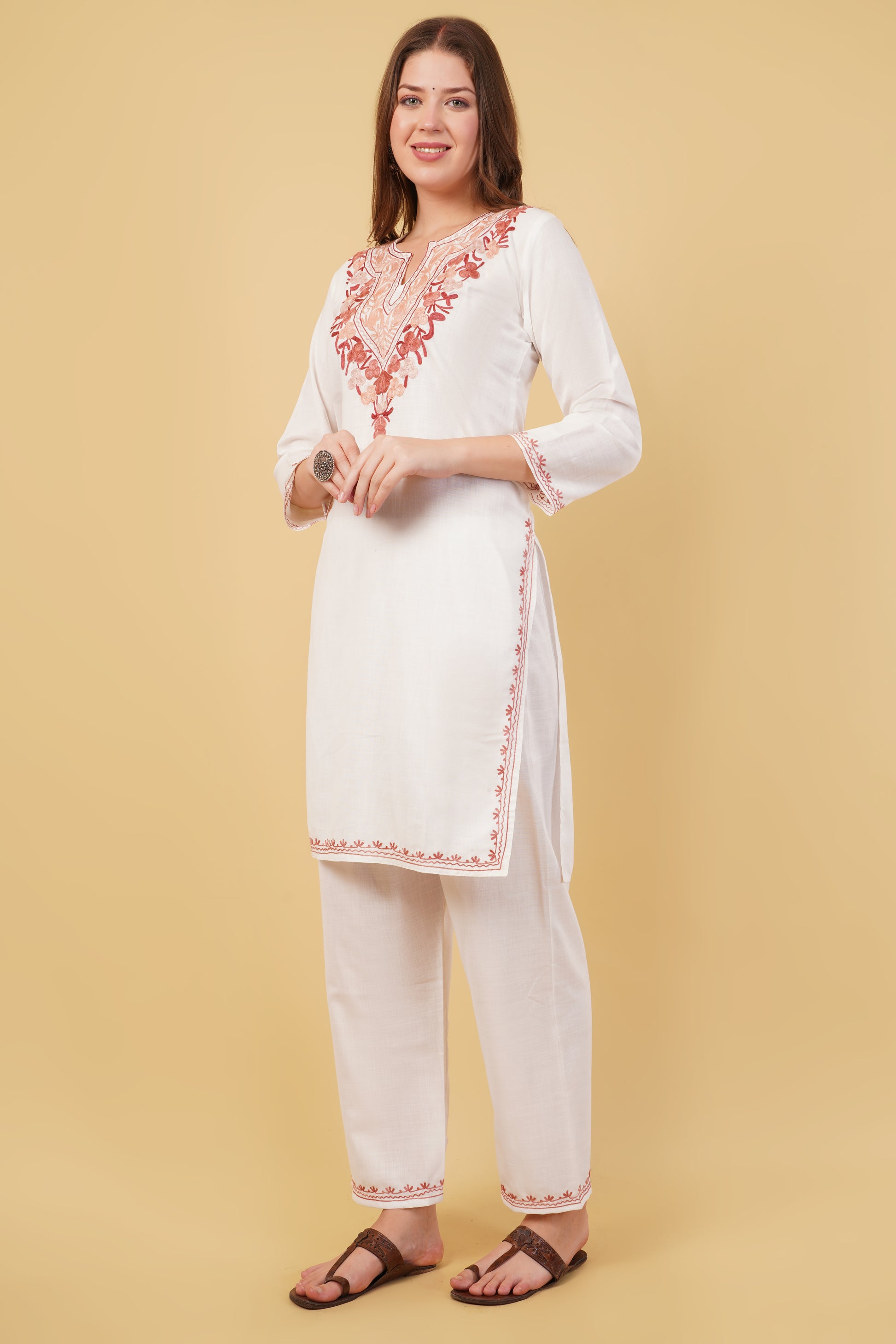 Kashmiri Aari embroidery Cotton Co-ord set Size-40 (White)