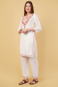 Kashmiri Aari embroidery Cotton Co-ord set Size-40 (White)