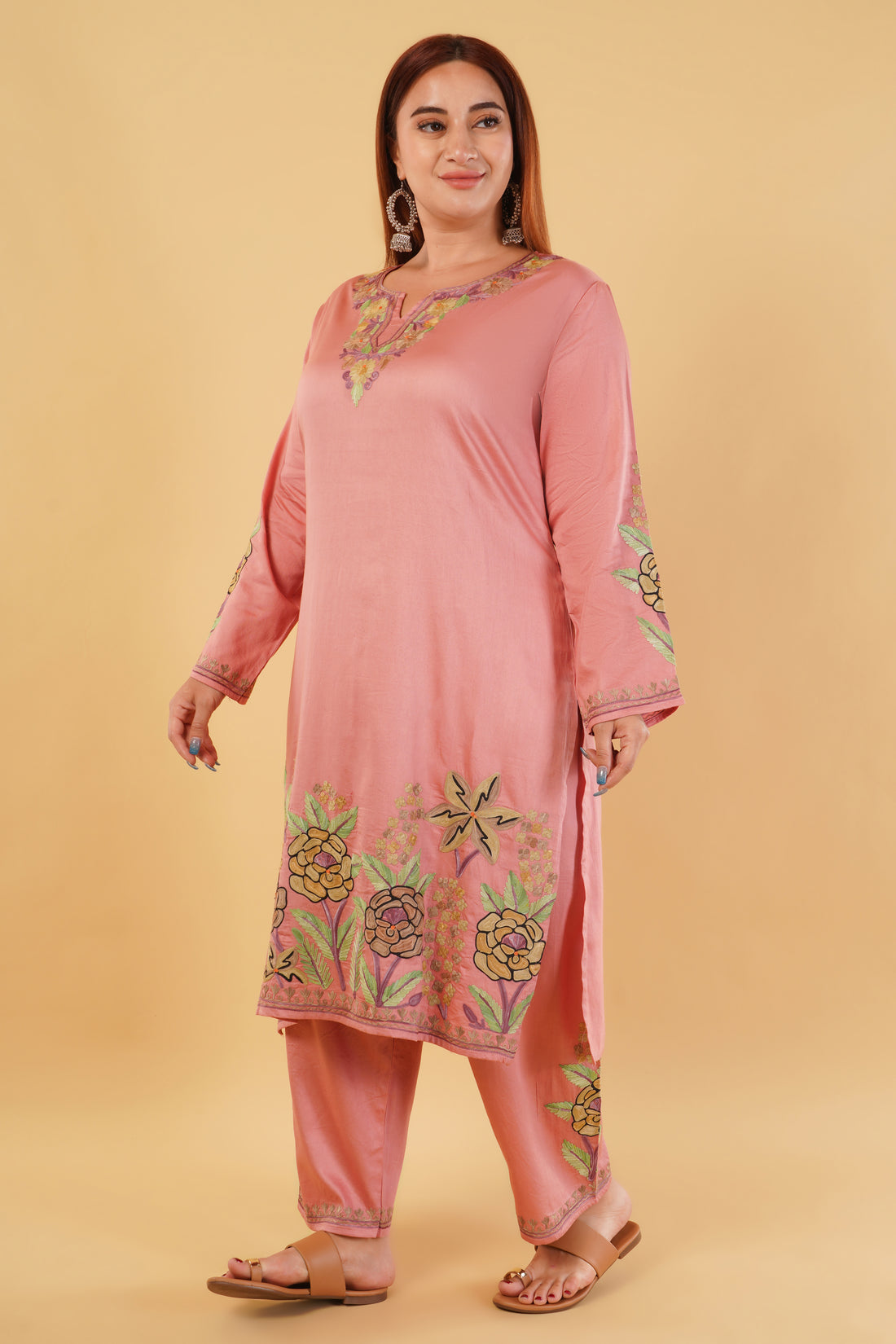 Kashmiri Aari embroidery Jaam Cotton Co-ord set Size-46 (Salmon Pink)