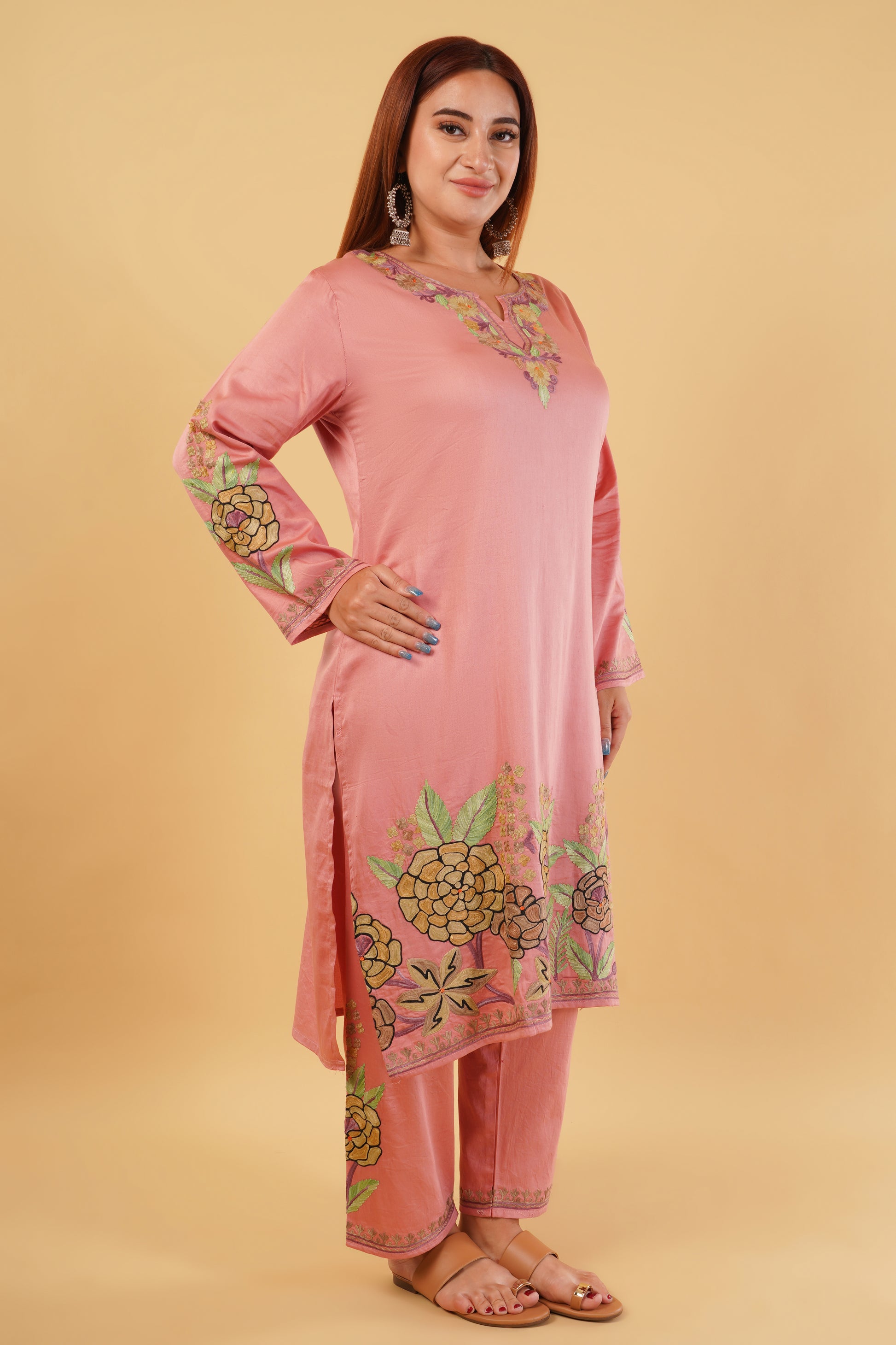 Kashmiri Aari embroidery Jaam Cotton Co-ord set Size-46 (Salmon Pink)