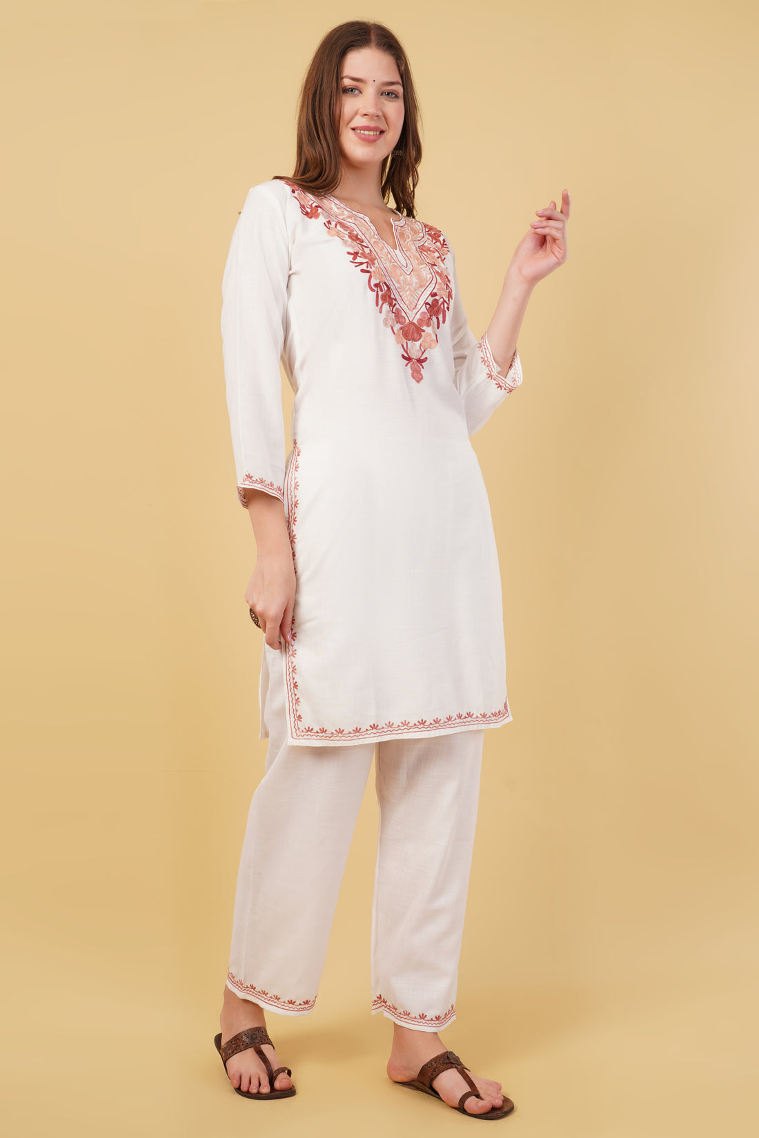 Kashmiri Aari embroidery Cotton Co-ord set Size-40 (White)