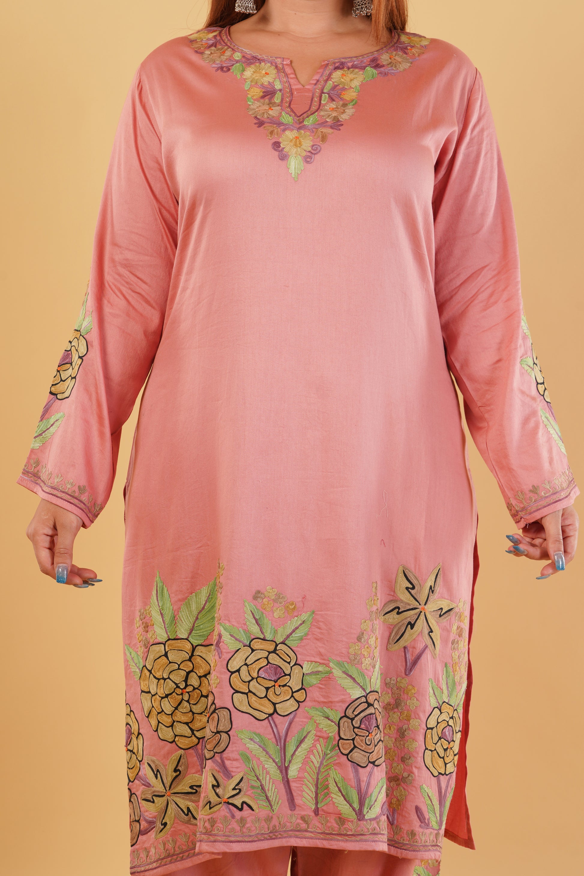 Kashmiri Aari embroidery Jaam Cotton Co-ord set Size-46 (Salmon Pink)