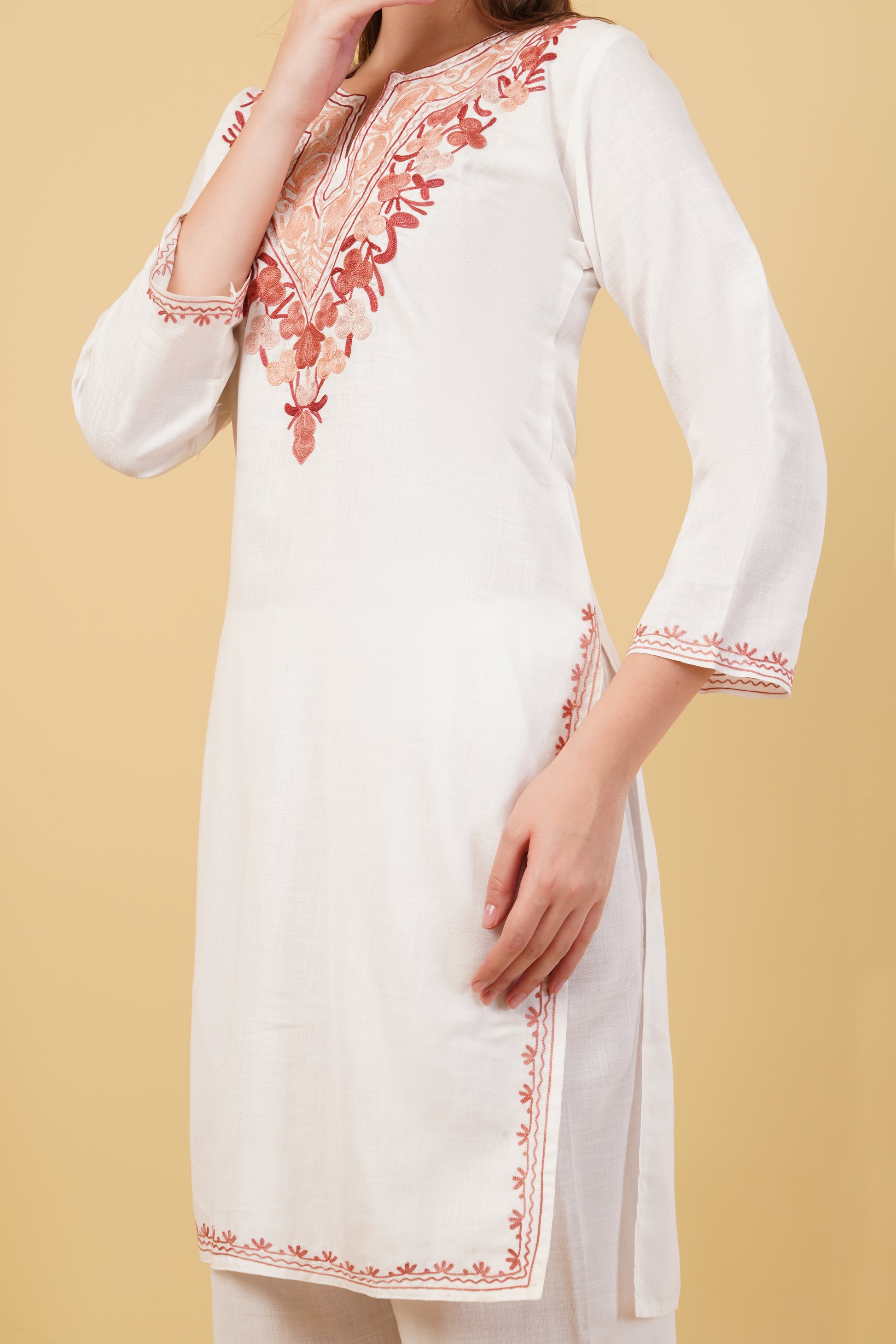 Kashmiri Aari embroidery Cotton Co-ord set Size-40 (White)