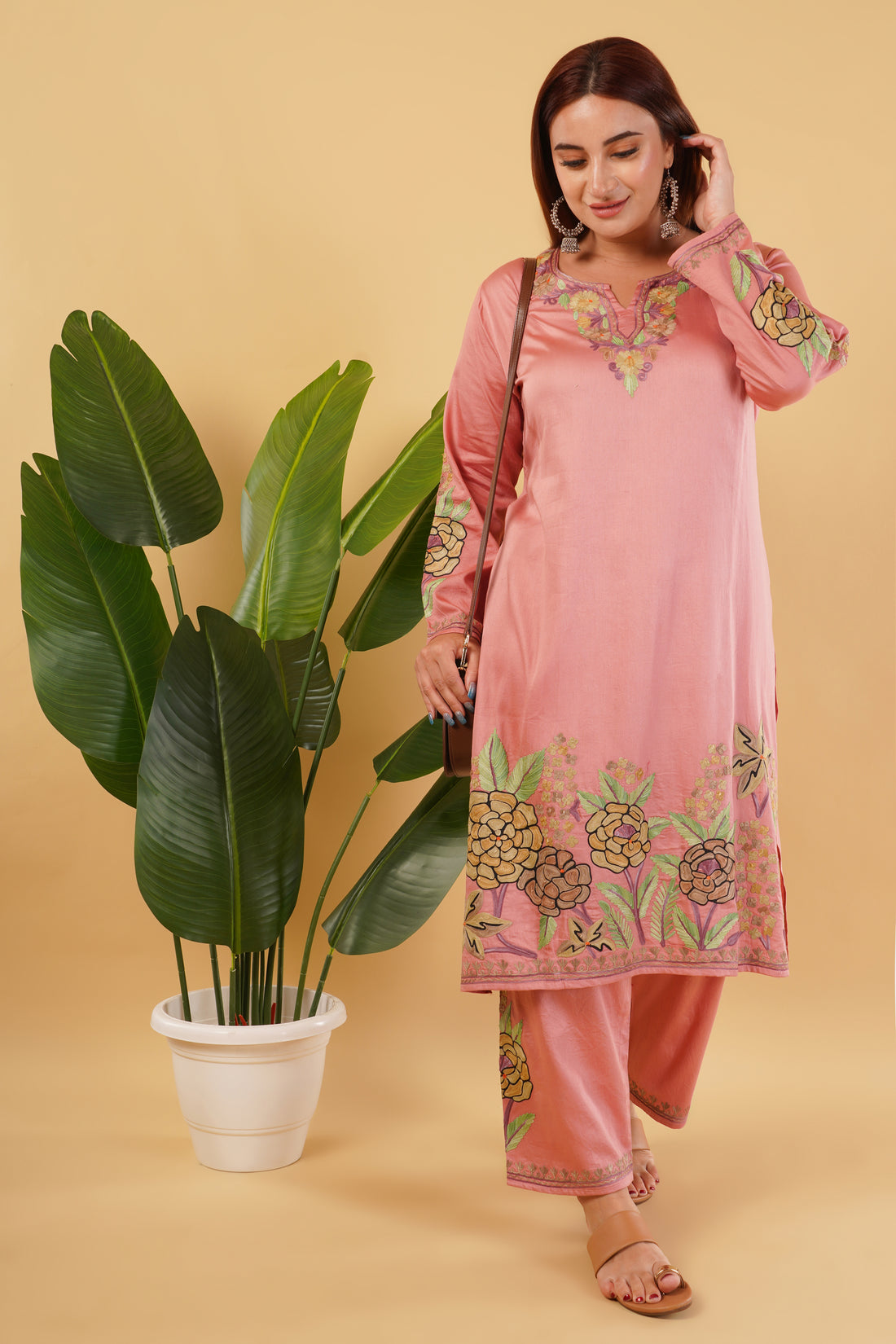 Kashmiri Aari embroidery Jaam Cotton Co-ord set Size-46 (Salmon Pink)