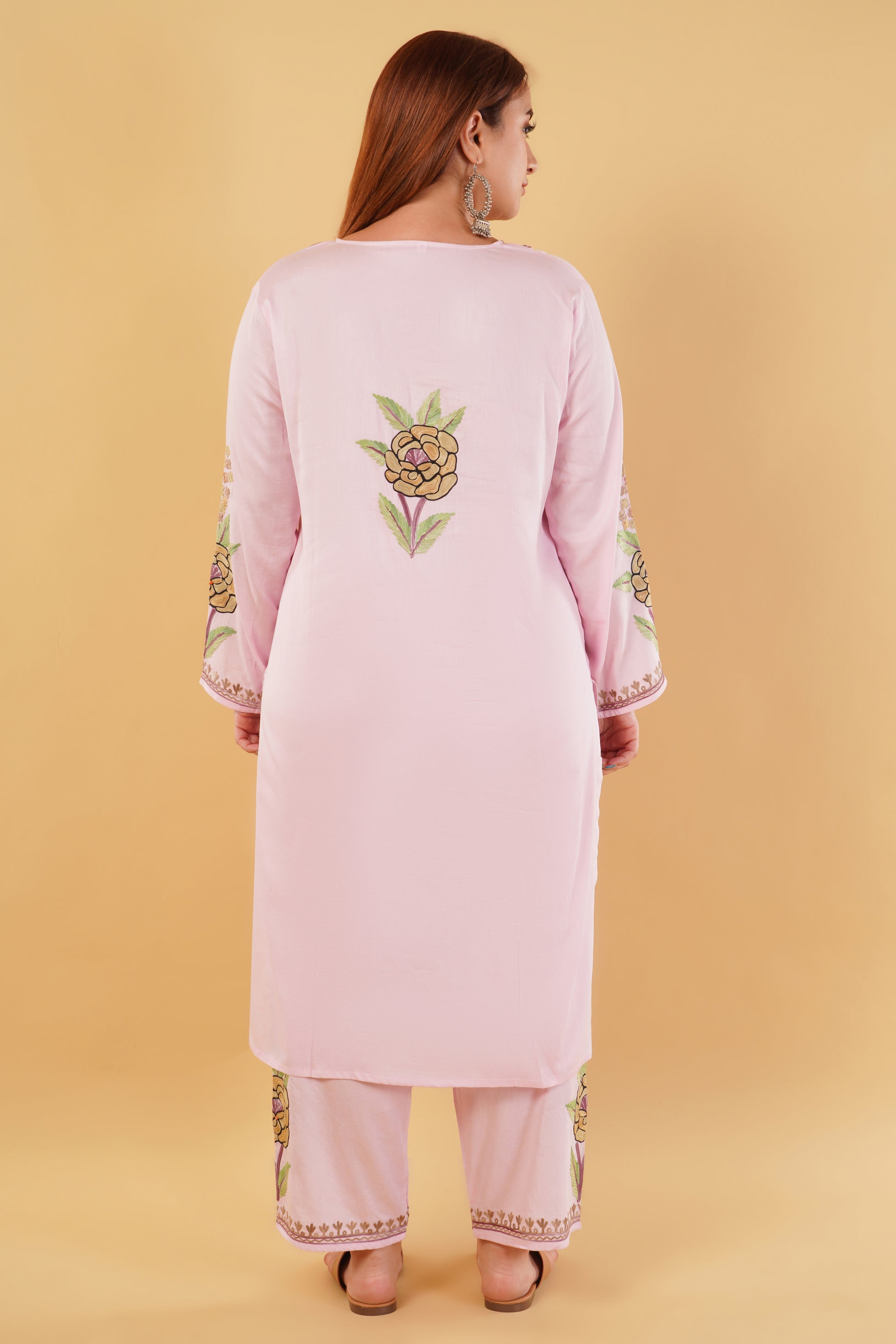 Kashmiri Aari embroidery Jaam Cotton Co-ord set Size-46 (Pink)
