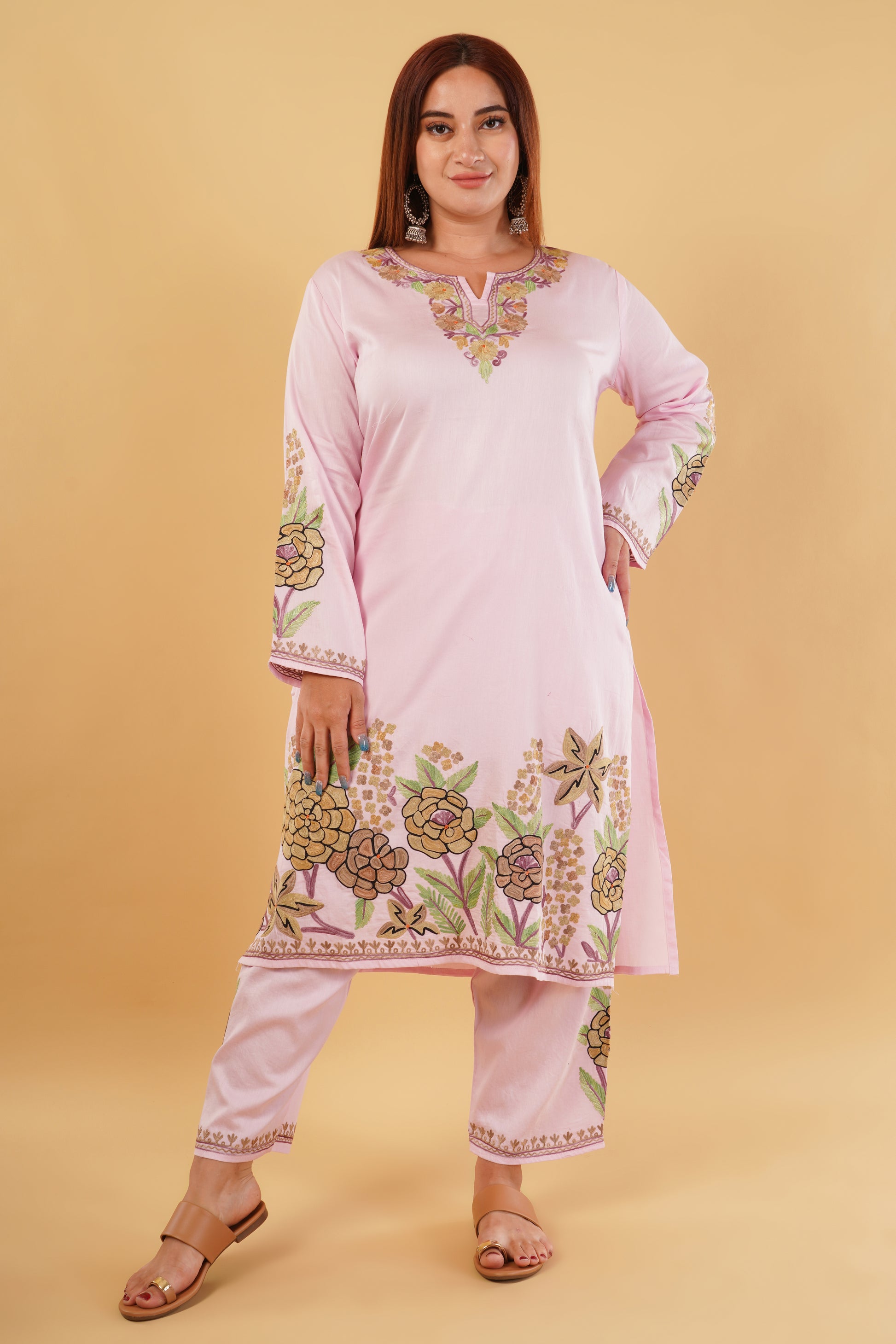 Kashmiri Aari embroidery Jaam Cotton Co-ord set Size-46 (Pink)
