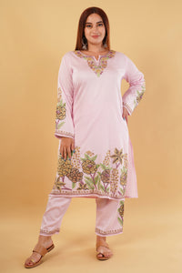 Kashmiri Aari embroidery Jaam Cotton Co-ord set Size-46 (Pink)