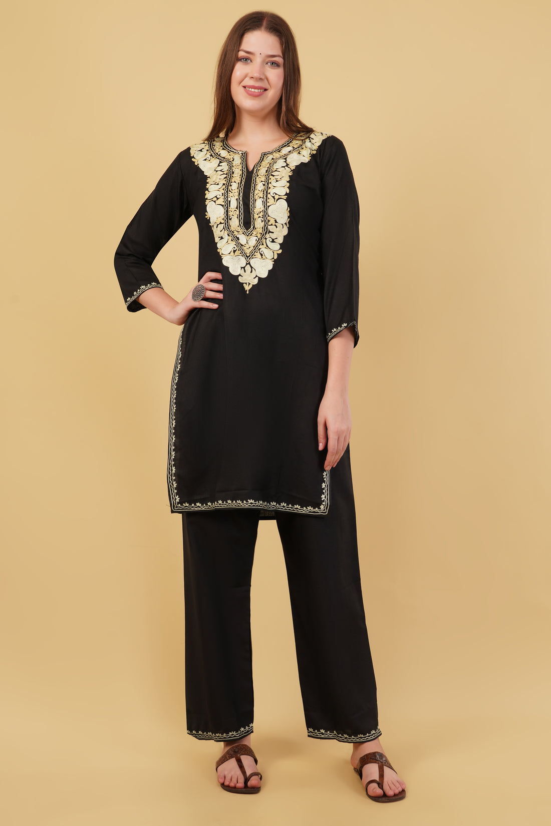 Kashmiri Aari embroidery Cotton Co-ord set Size-40 (Black)