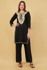 Kashmiri Aari embroidery Cotton Co-ord set Size-40 (Black)