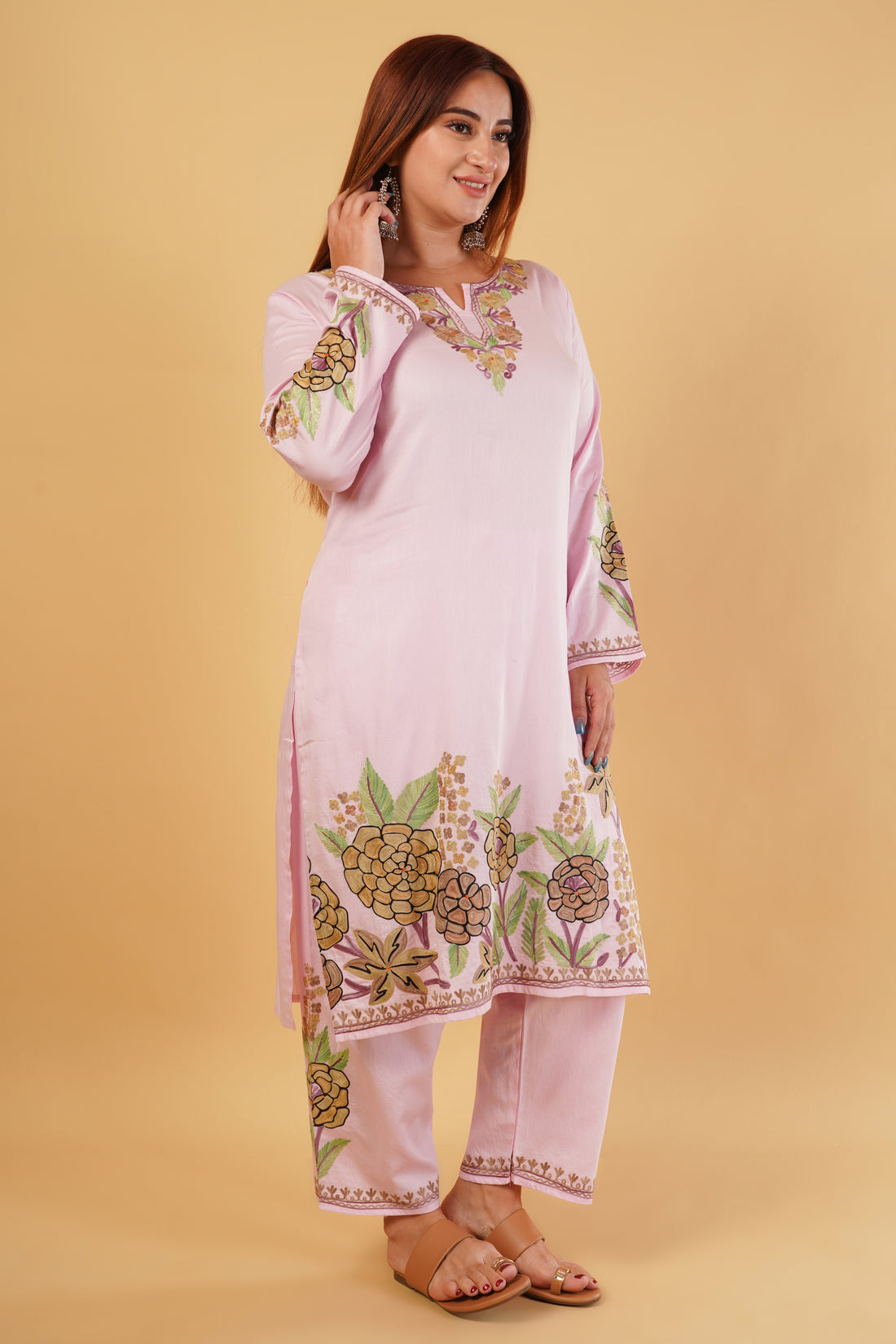 Kashmiri Aari embroidery Jaam Cotton Co-ord set Size-46 (Pink)