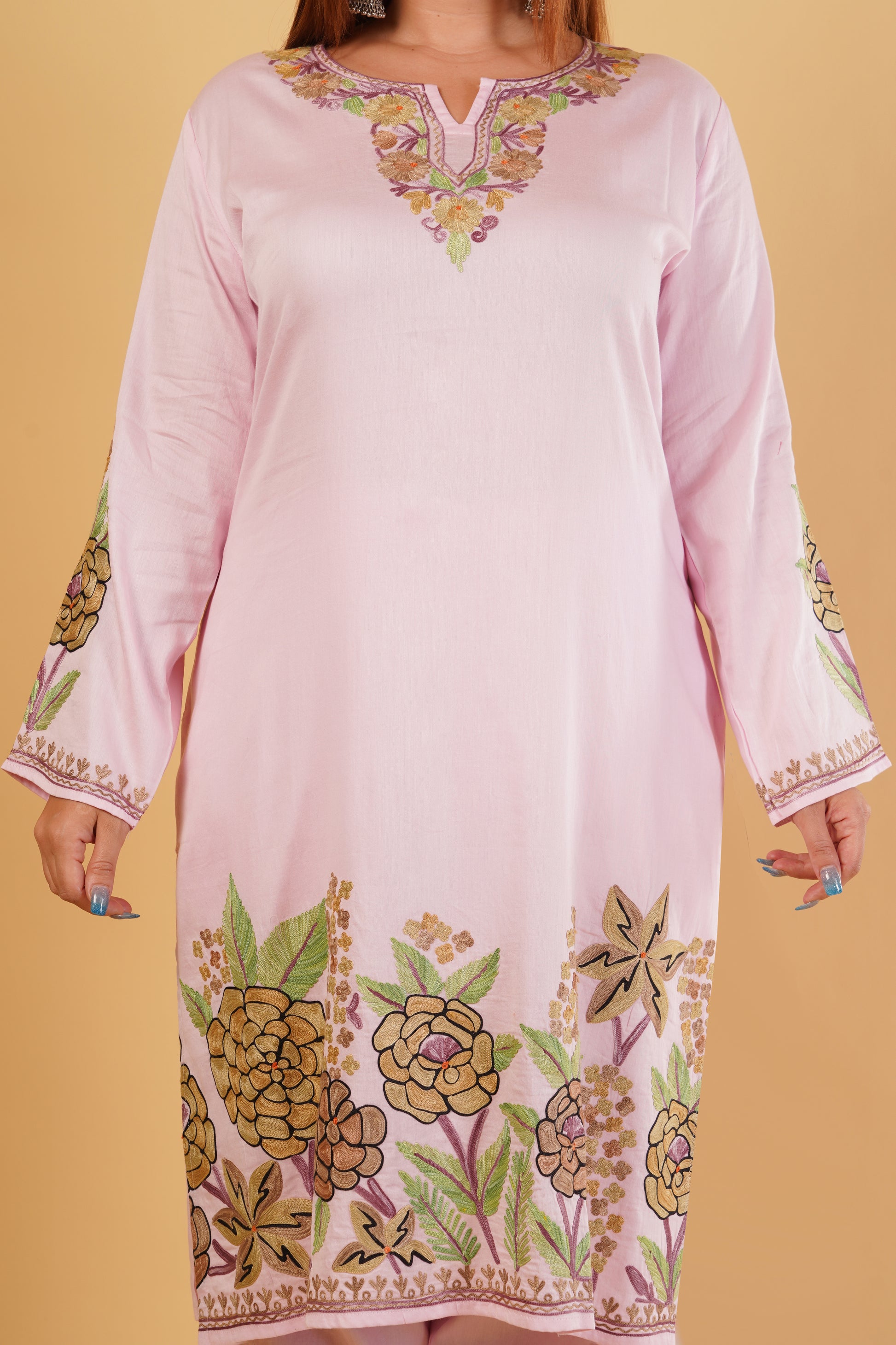 Kashmiri Aari embroidery Jaam Cotton Co-ord set Size-46 (Pink)