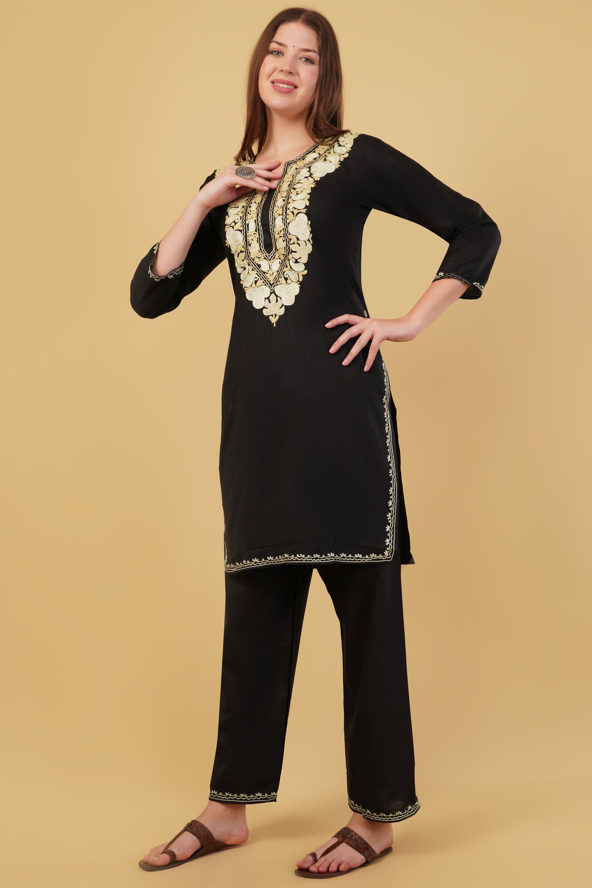 Kashmiri Aari embroidery Cotton Co-ord set Size-40 (Black)