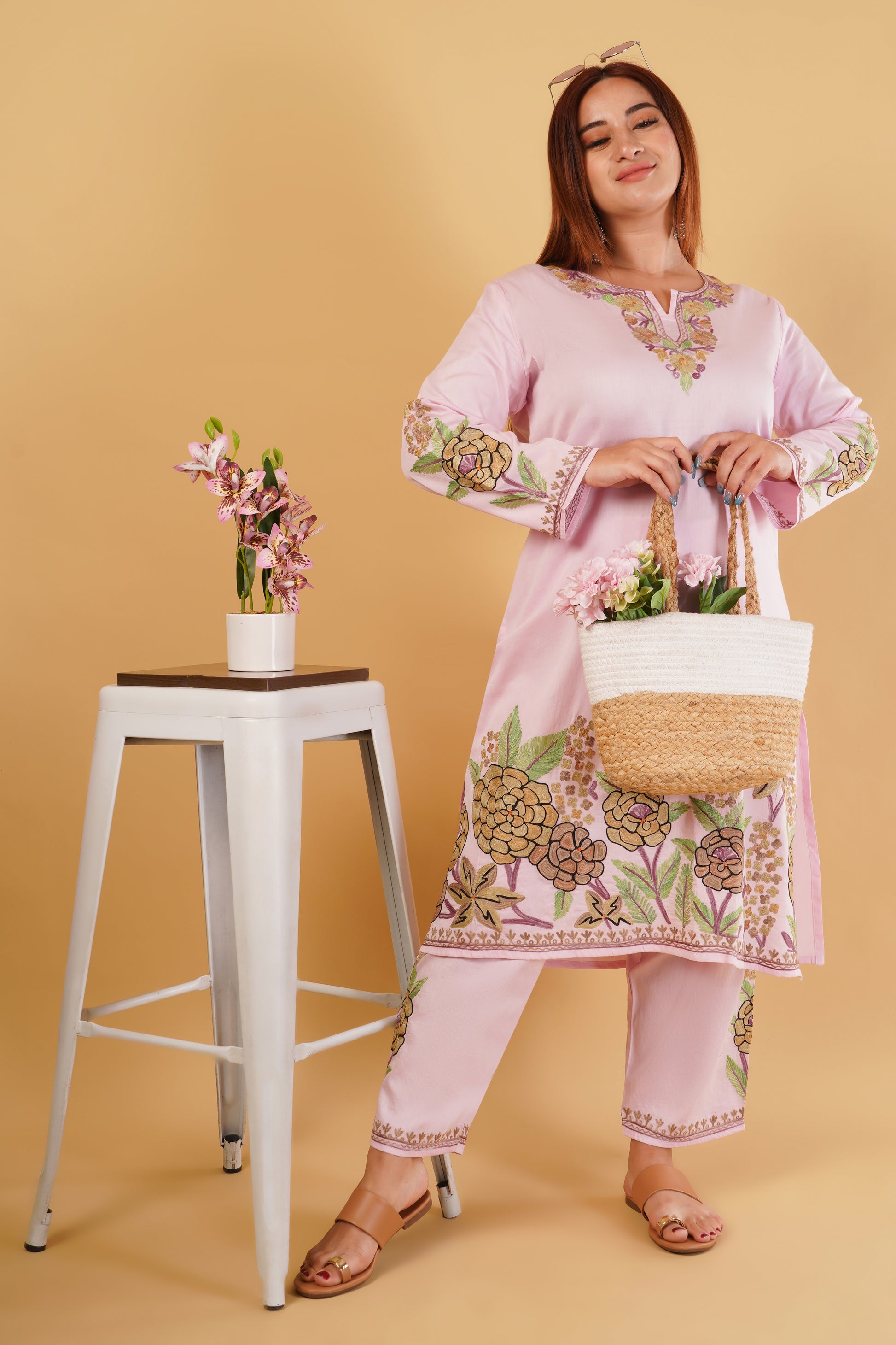 Kashmiri Aari embroidery Jaam Cotton Co-ord set Size-46 (Pink)
