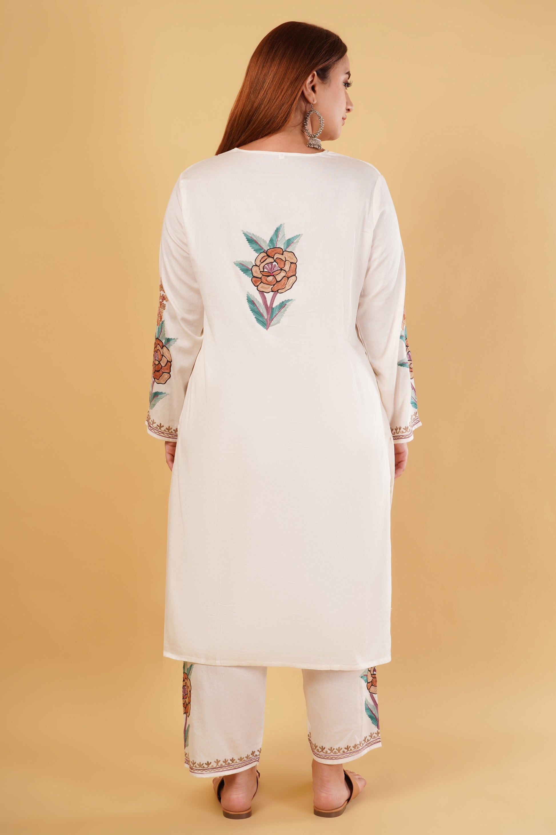 Kashmiri Aari embroidery Jaam Cotton Co-ord set Size-46 (White)
