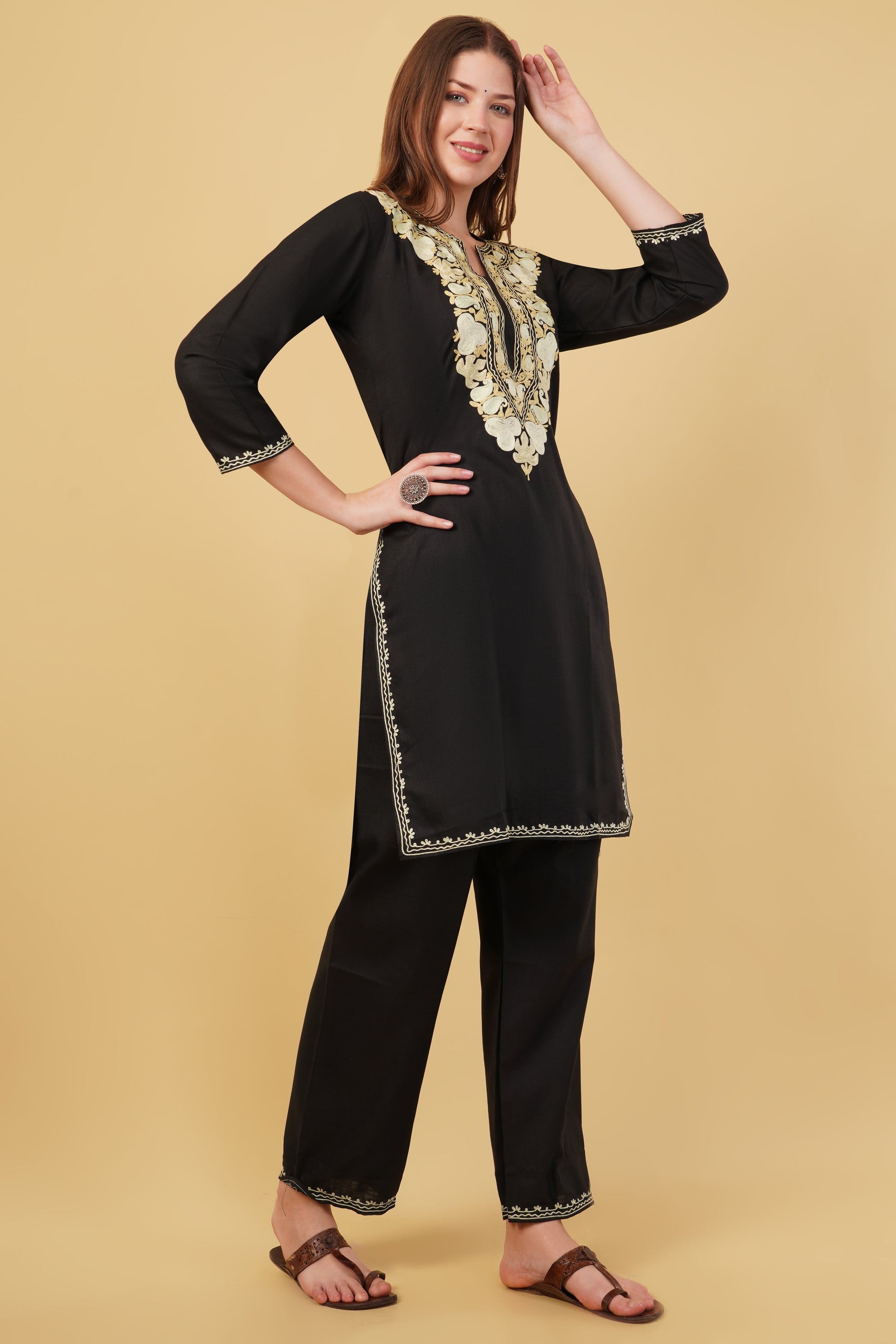 Kashmiri Aari embroidery Cotton Co-ord set Size-40 (Black)