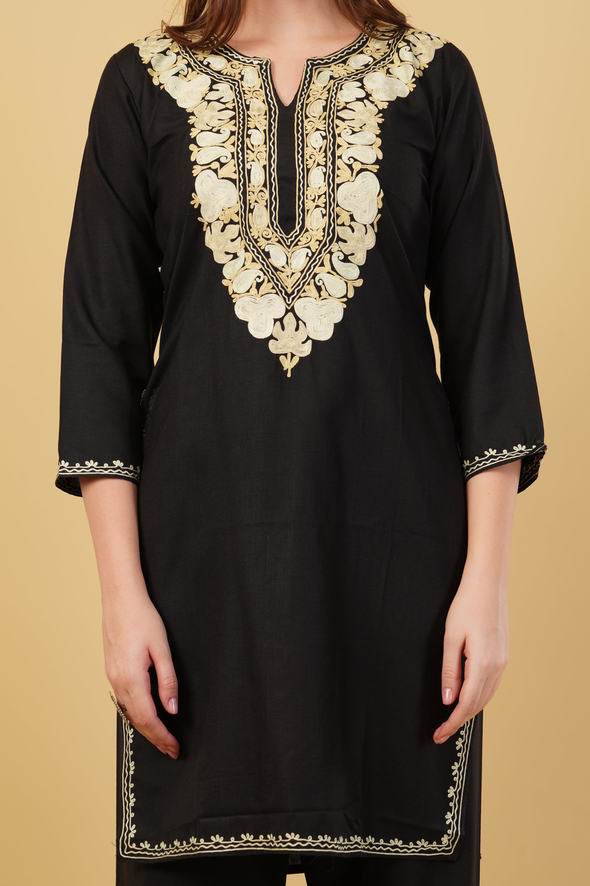 Kashmiri Aari embroidery Cotton Co-ord set Size-40 (Black)
