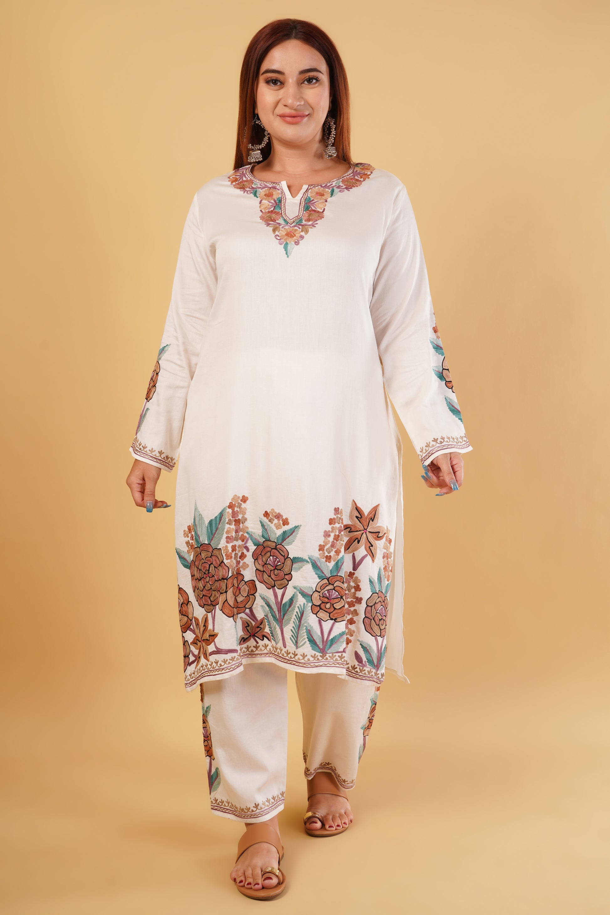 Kashmiri Aari embroidery Jaam Cotton Co-ord set Size-46 (White)