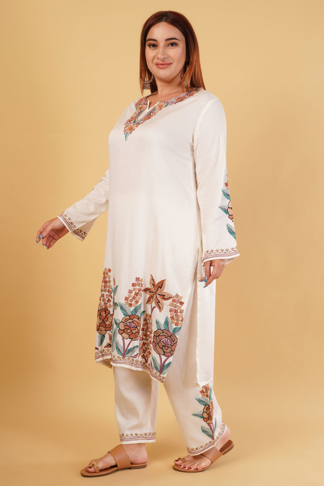 Kashmiri Aari embroidery Jaam Cotton Co-ord set Size-46 (White)