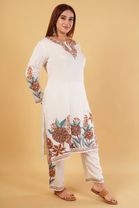 Kashmiri Aari embroidery Jaam Cotton Co-ord set Size-46 (White)