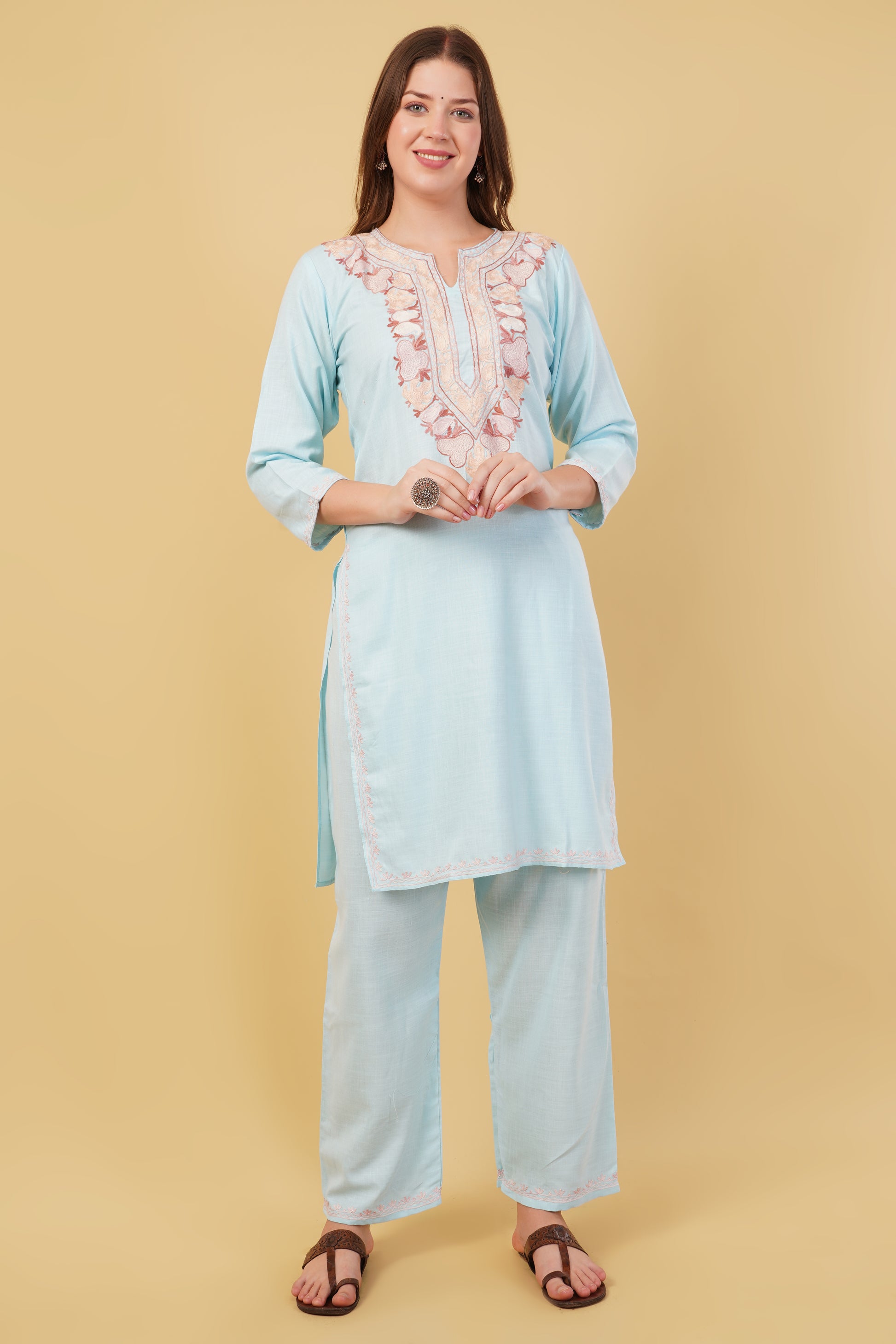 Kashmiri Aari embroidery Cotton Co-ord set Size-40 (Sky Blue)