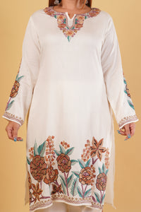 Kashmiri Aari embroidery Jaam Cotton Co-ord set Size-46 (White)
