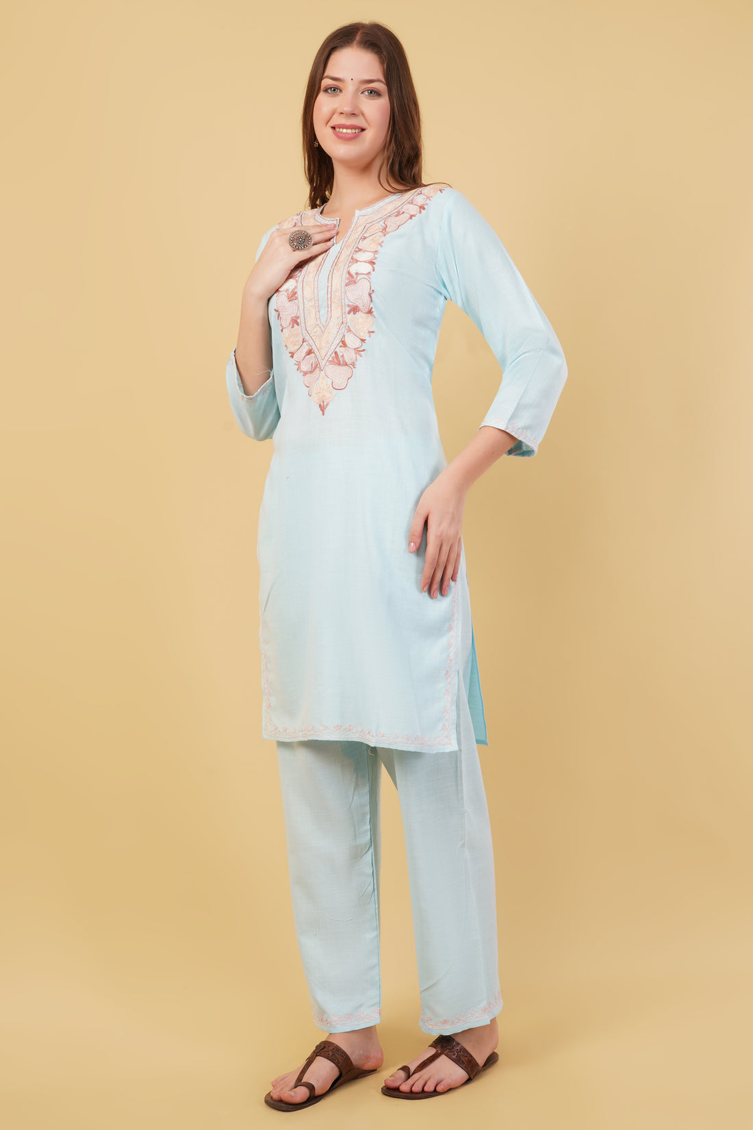 Kashmiri Aari embroidery Cotton Co-ord set Size-40 (Sky Blue)