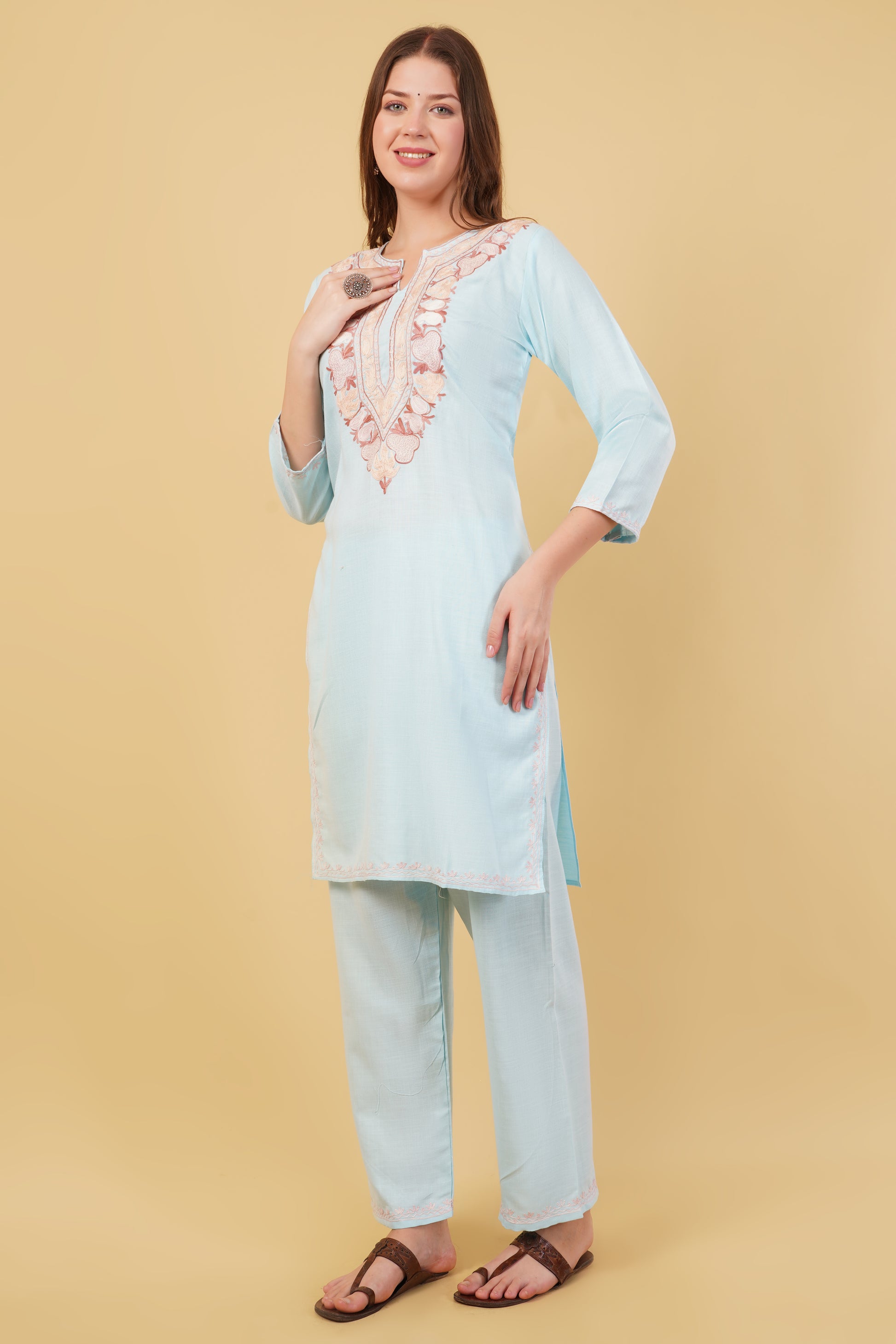 Kashmiri Aari embroidery Cotton Co-ord set Size-40 (Sky Blue)