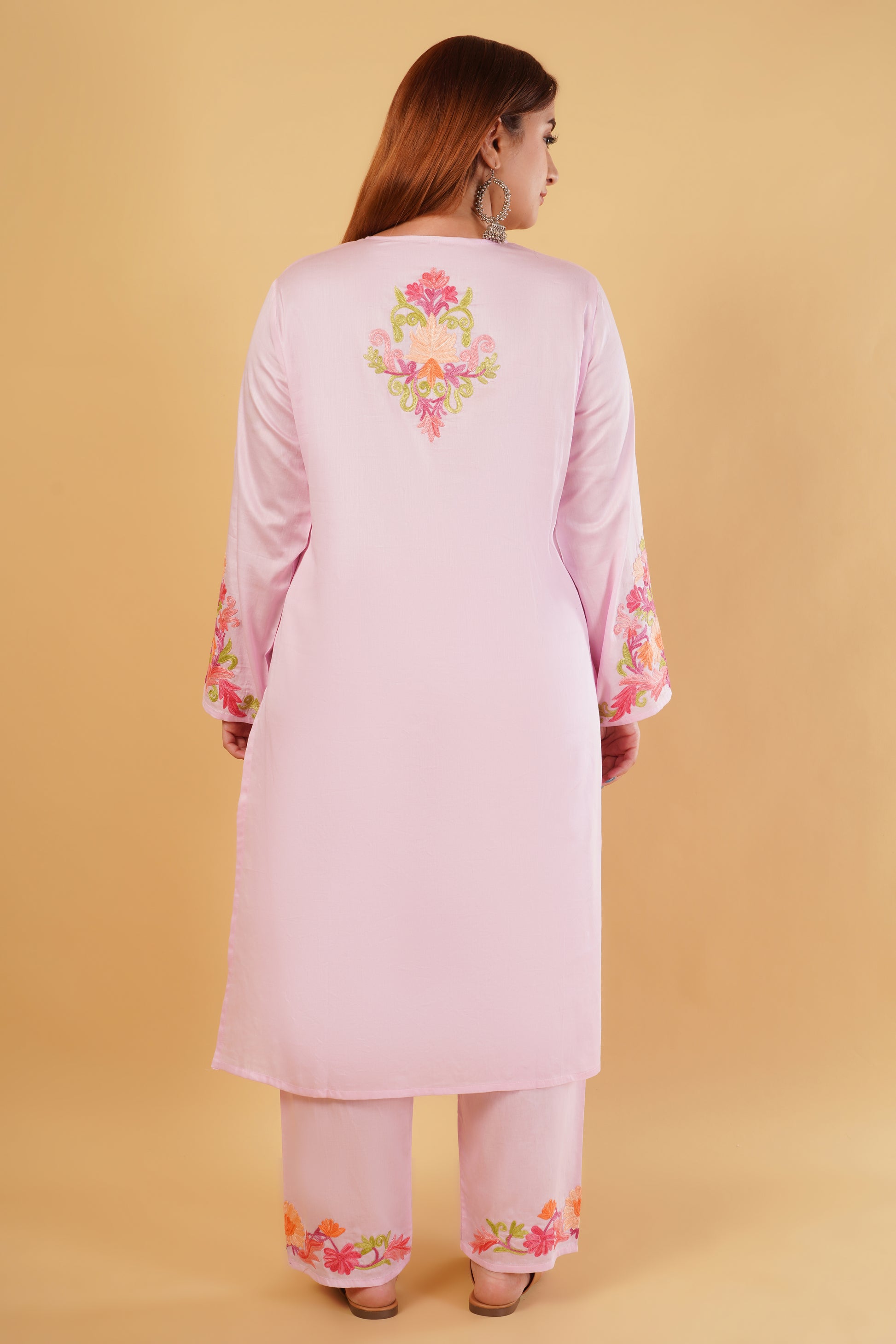 Kashmiri Aari embroidery Jaam Cotton Co-ord set Size-46 (Pink)