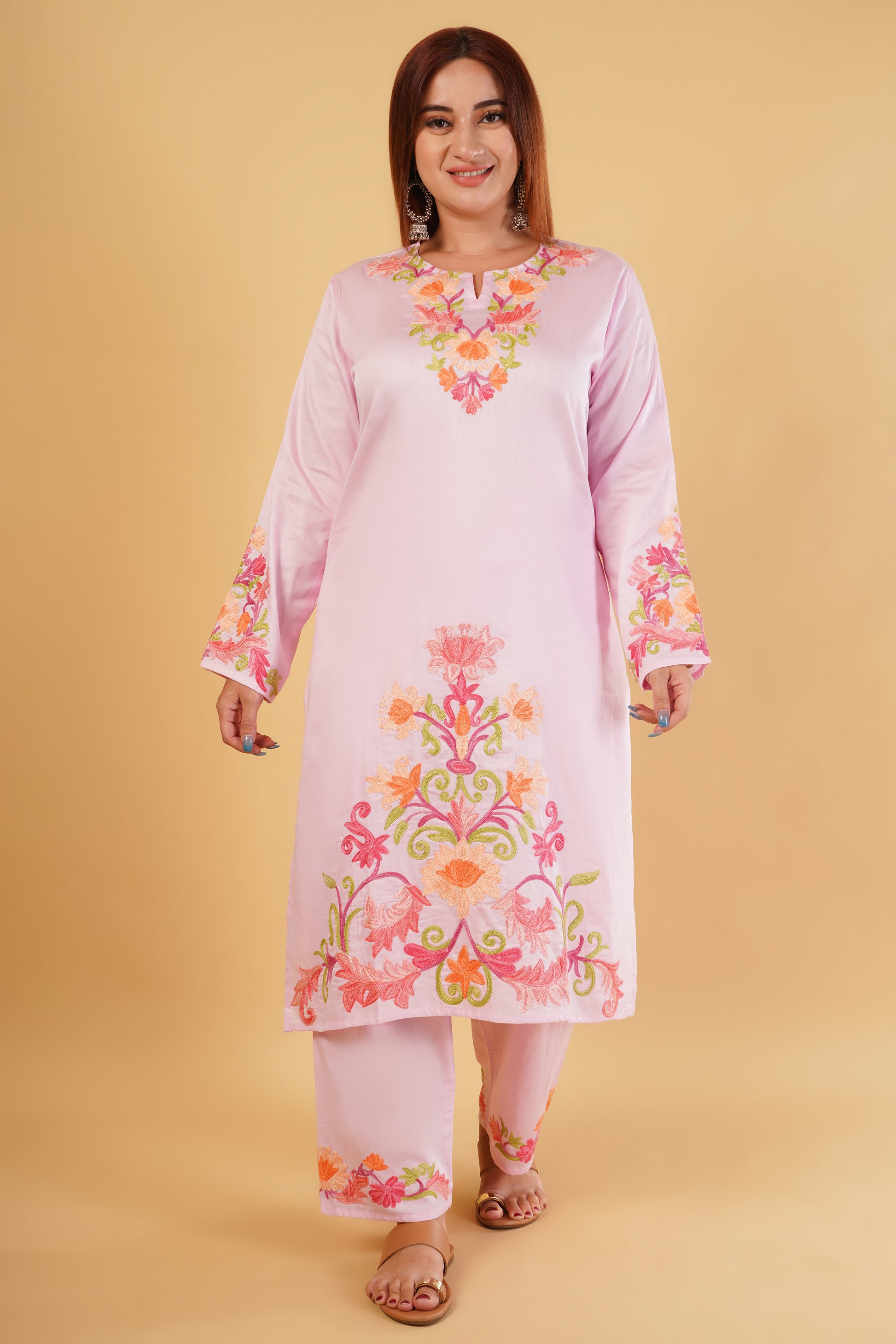 Kashmiri Aari embroidery Jaam Cotton Co-ord set Size-46 (Pink)