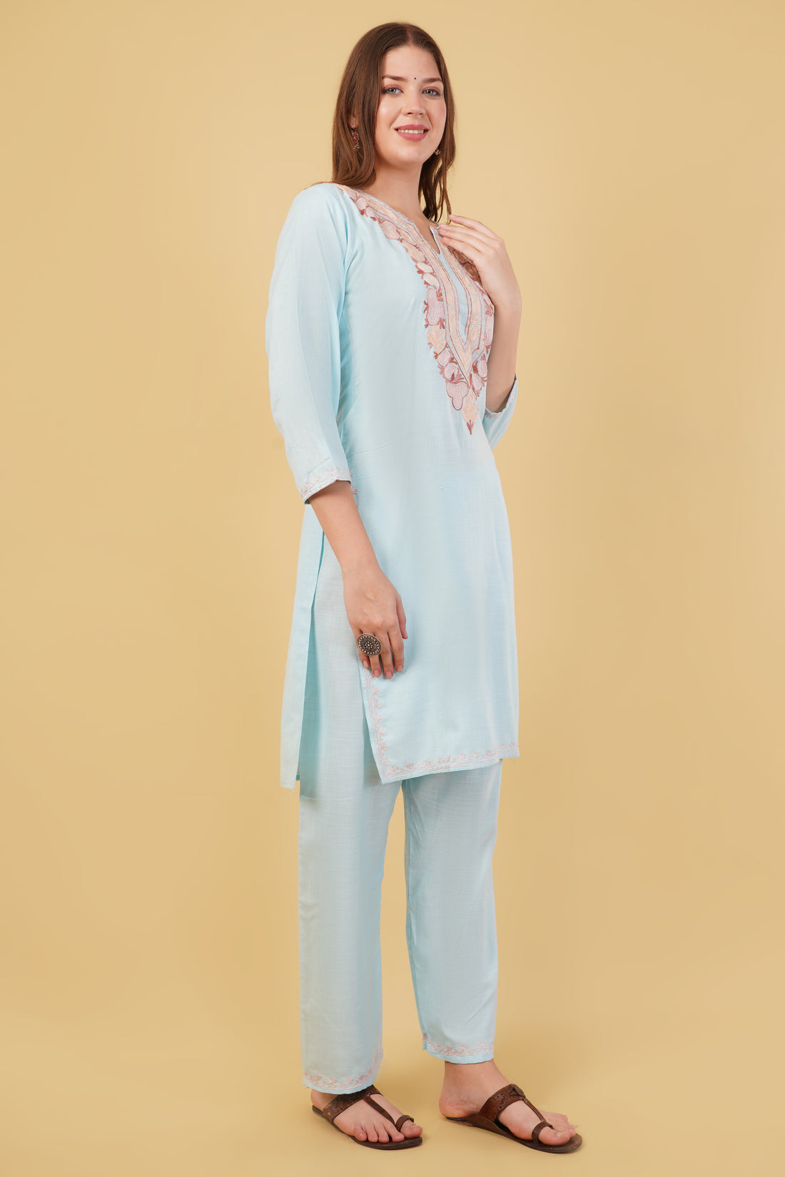 Kashmiri Aari embroidery Cotton Co-ord set Size-40 (Sky Blue)