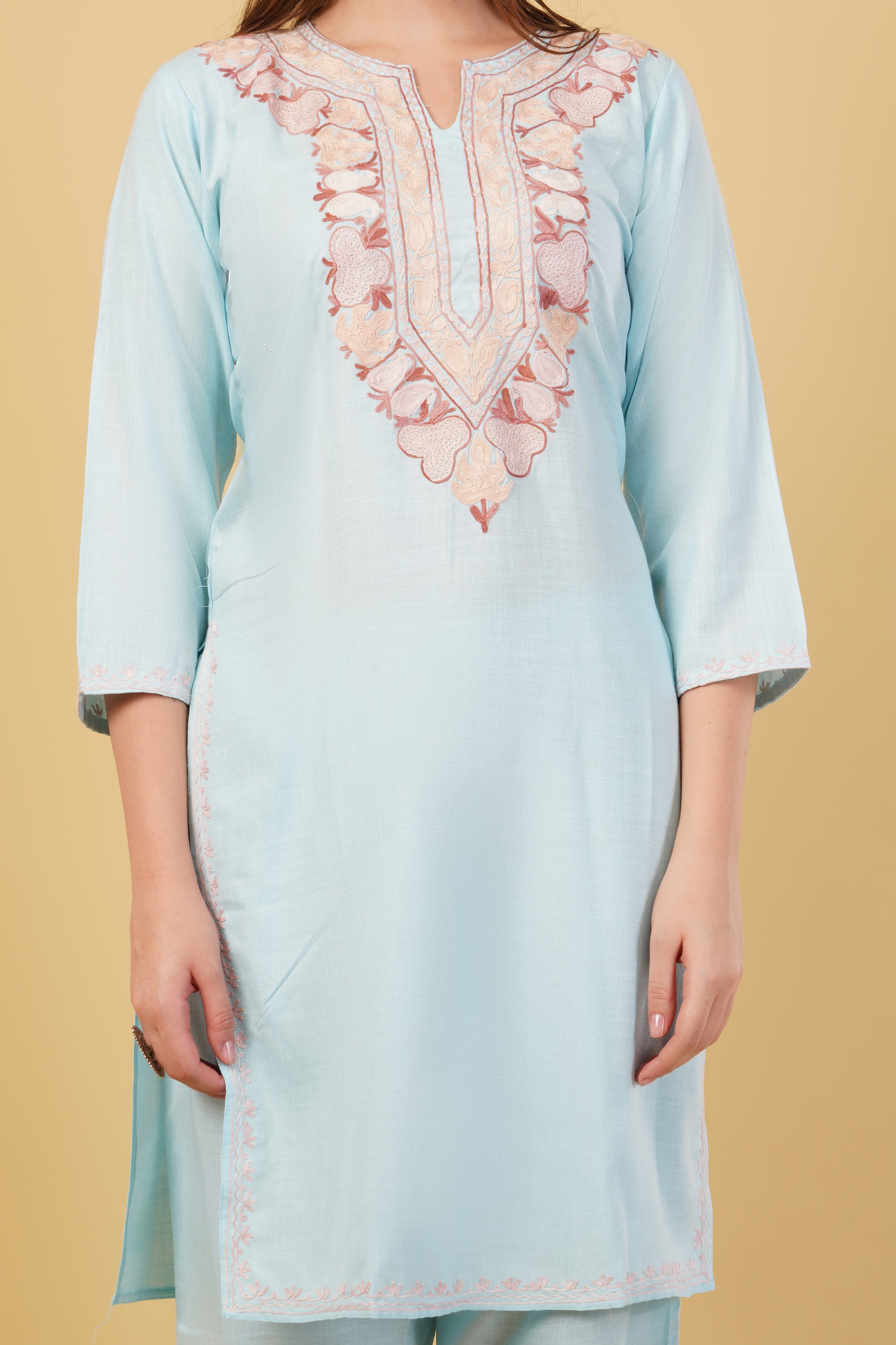 Kashmiri Aari embroidery Cotton Co-ord set Size-40 (Sky Blue)