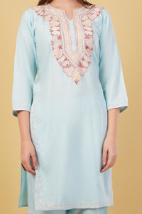 Kashmiri Aari embroidery Cotton Co-ord set Size-40 (Sky Blue)