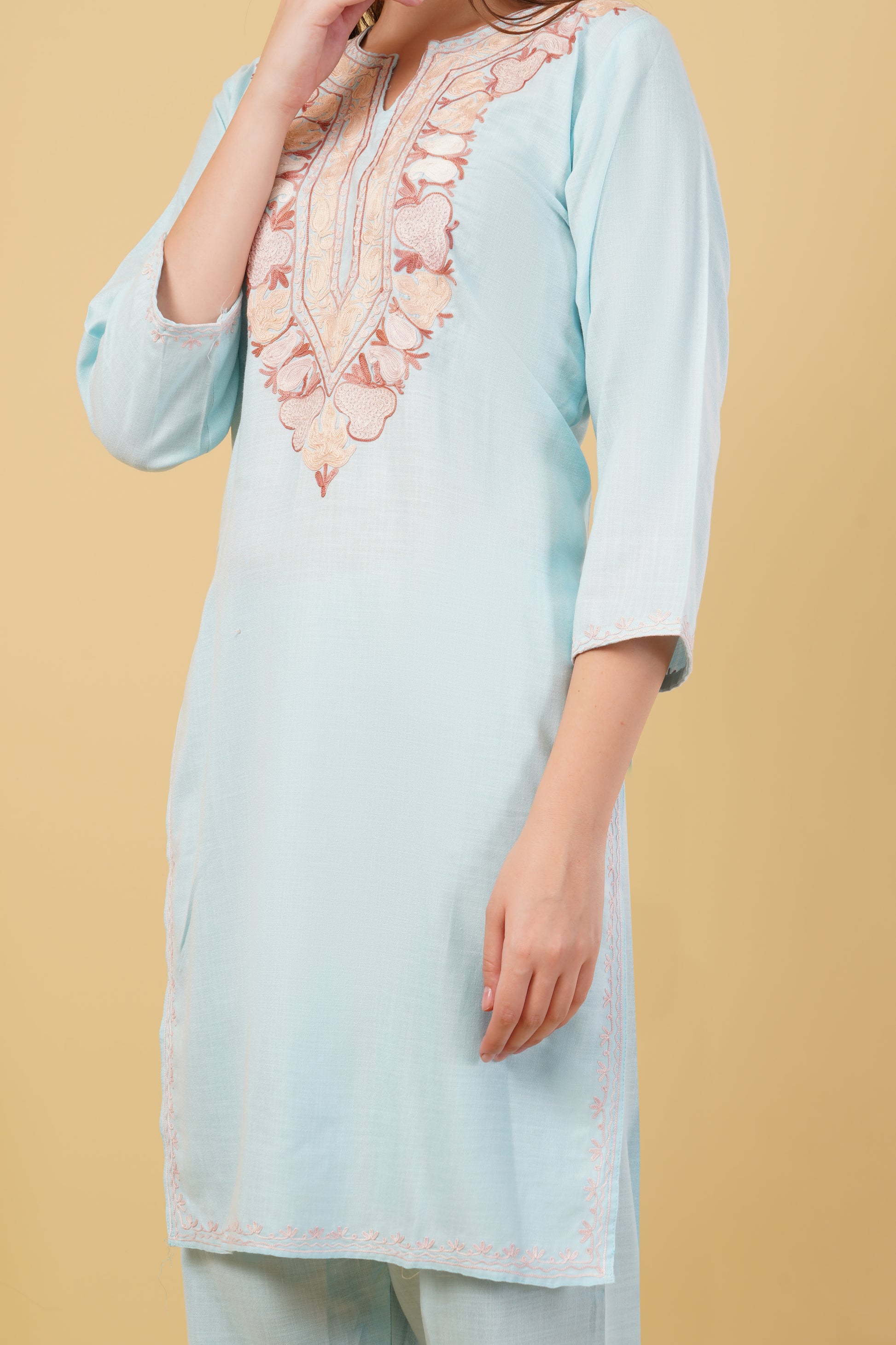Kashmiri Aari embroidery Cotton Co-ord set Size-40 (Sky Blue)