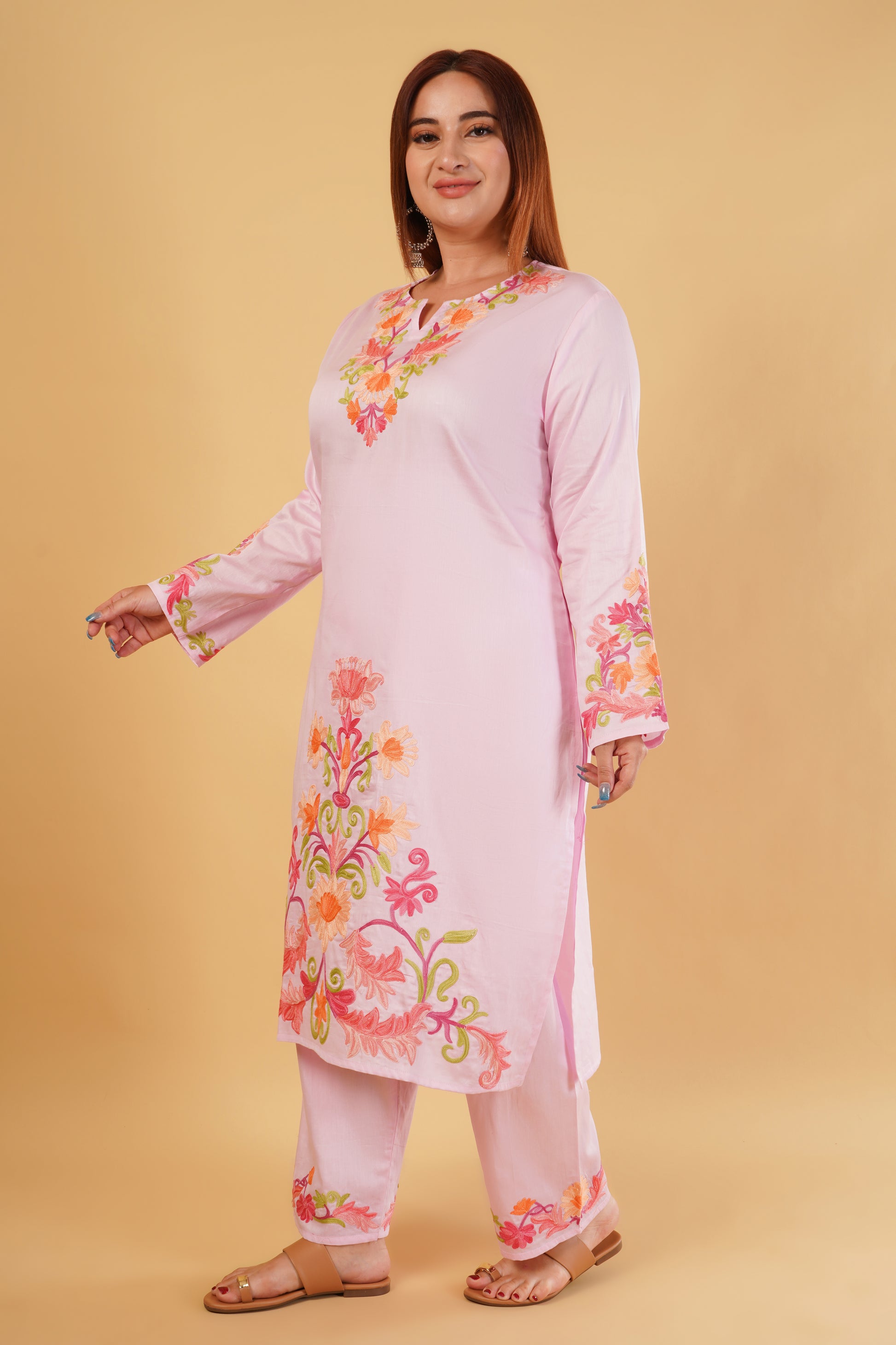 Kashmiri Aari embroidery Jaam Cotton Co-ord set Size-46 (Pink)