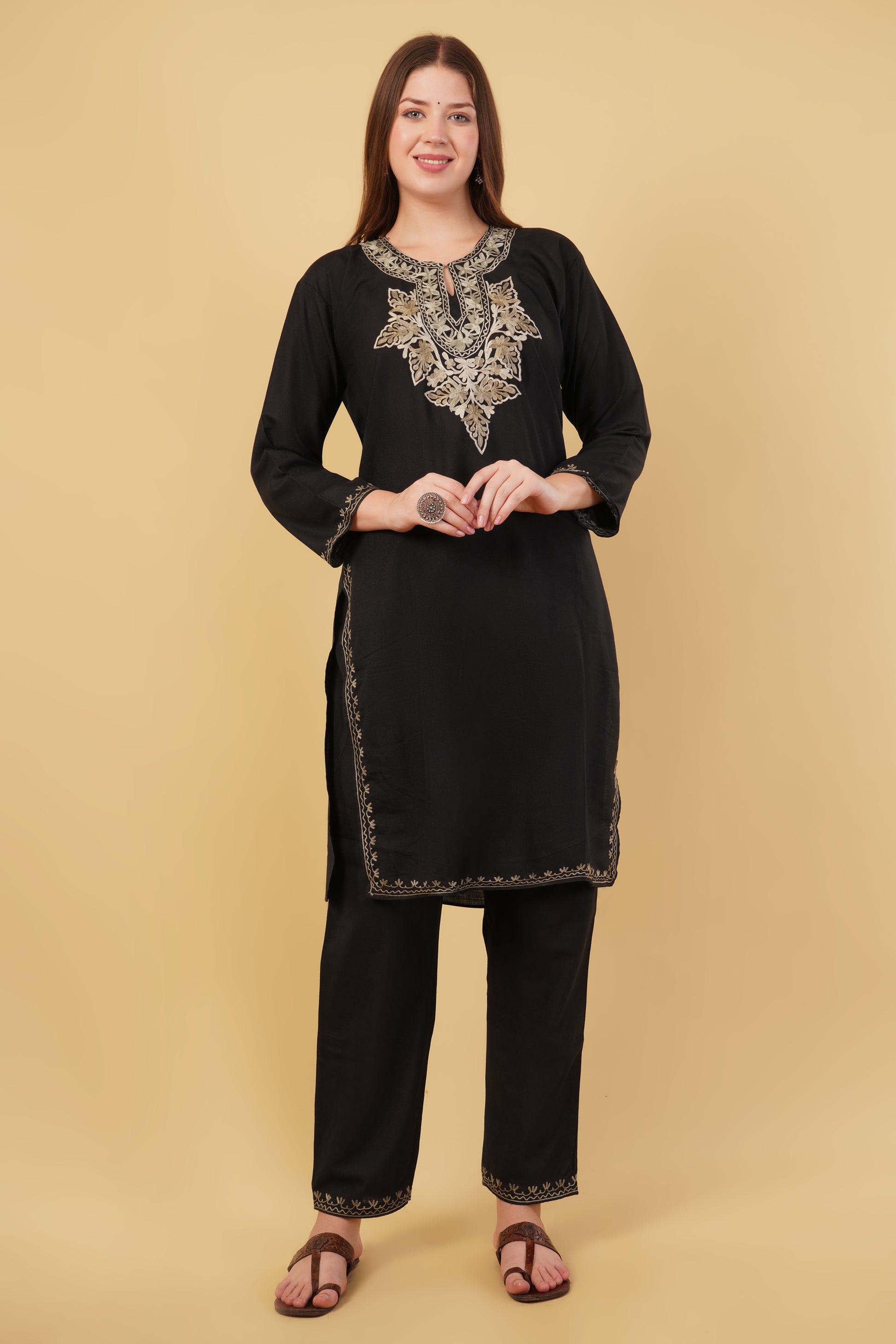 Kashmiri Aari embroidery Cotton Co-ord set Size-40 (Black)
