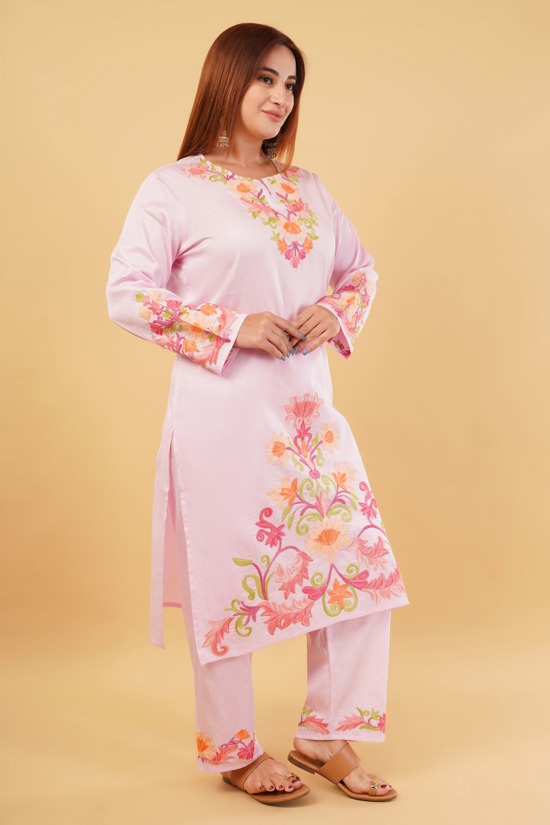 Kashmiri Aari embroidery Jaam Cotton Co-ord set Size-46 (Pink)