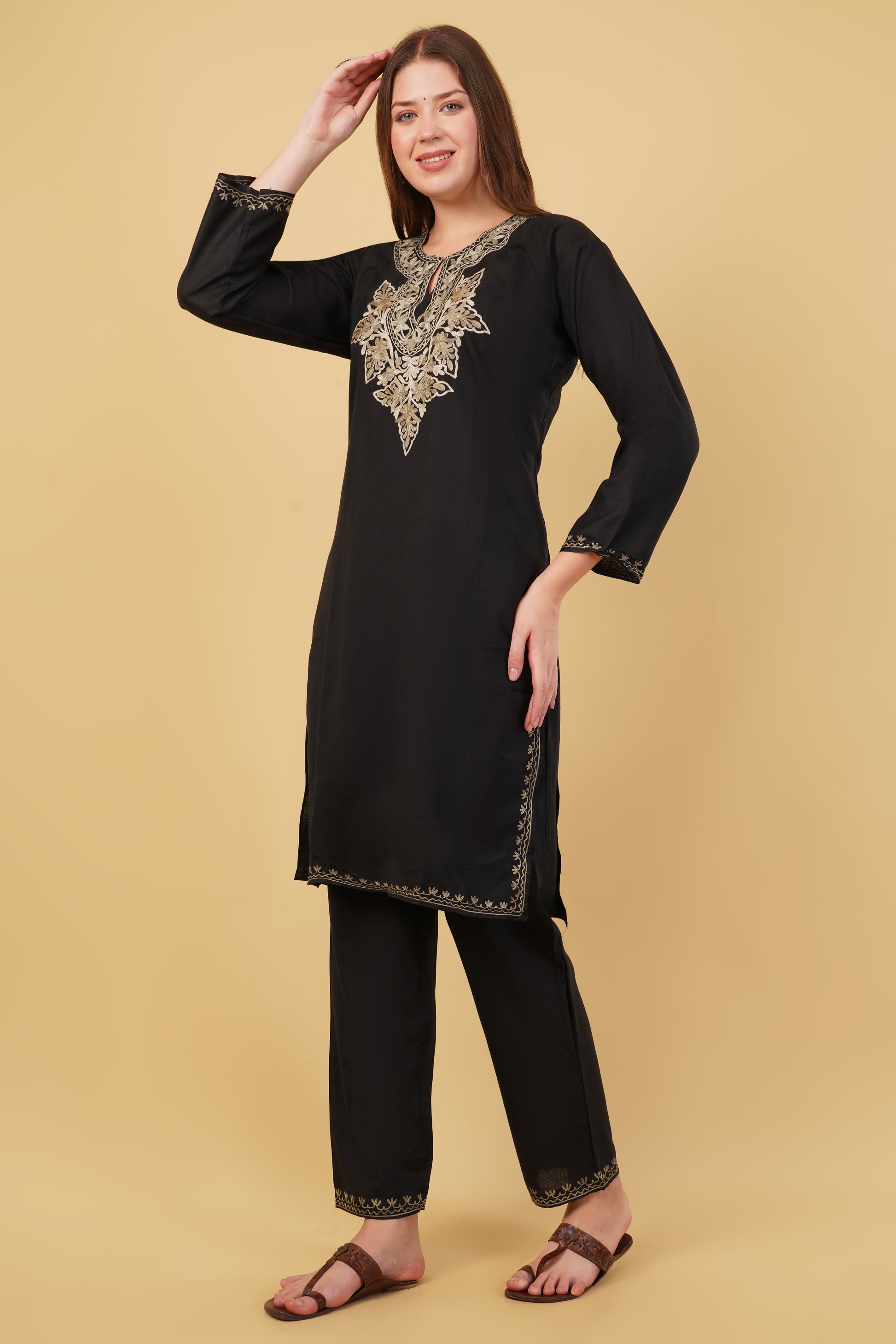 Kashmiri Aari embroidery Cotton Co-ord set Size-40 (Black)