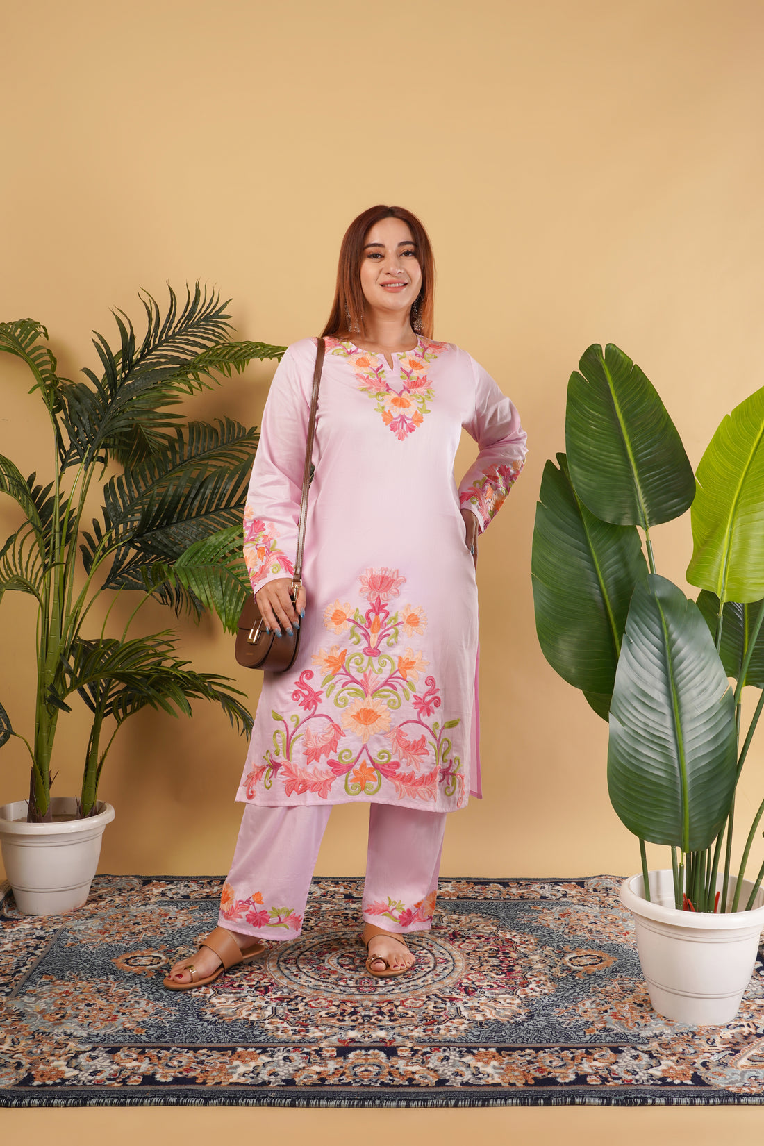 Kashmiri Aari embroidery Jaam Cotton Co-ord set Size-46 (Pink)