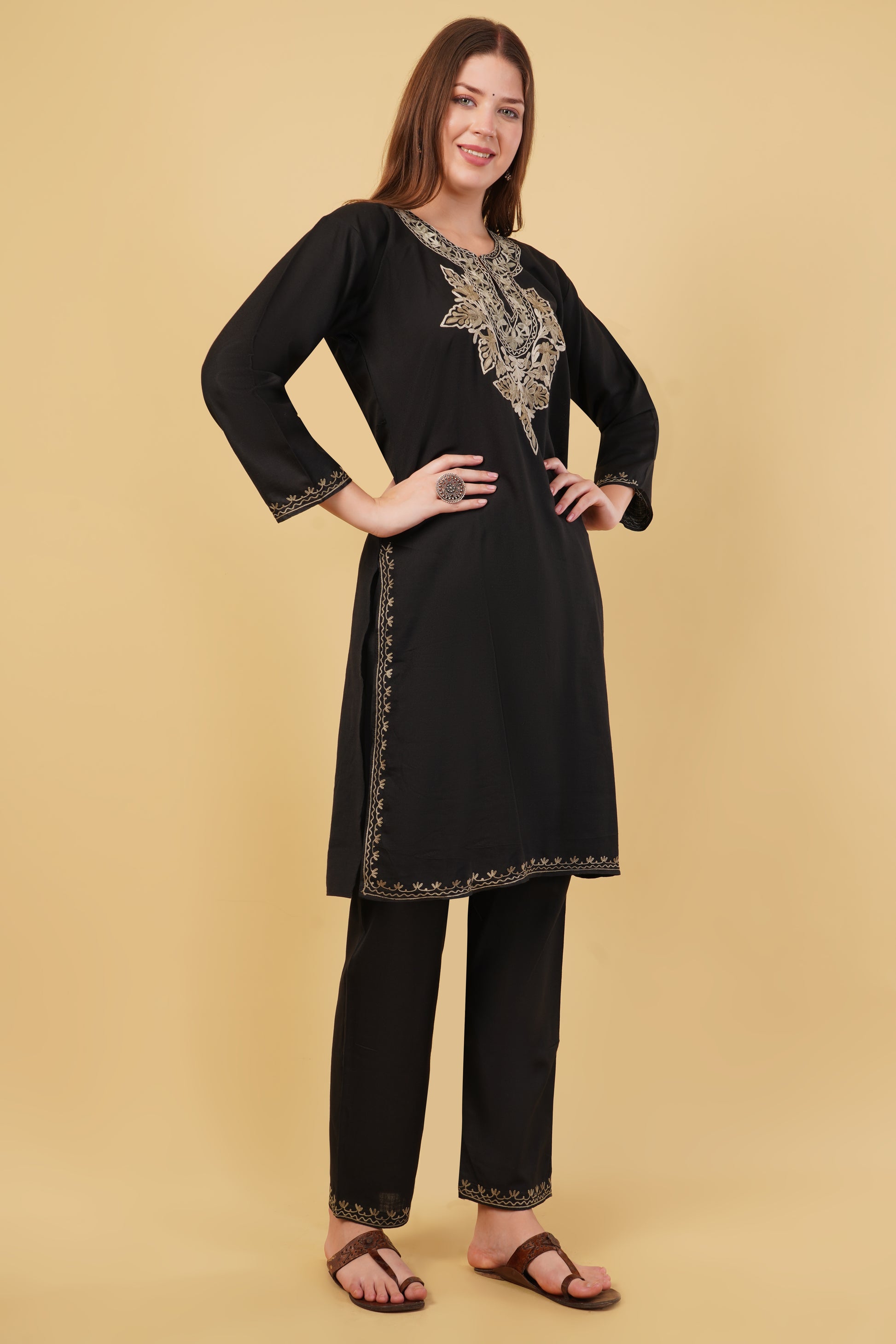 Kashmiri Aari embroidery Cotton Co-ord set Size-40 (Black)