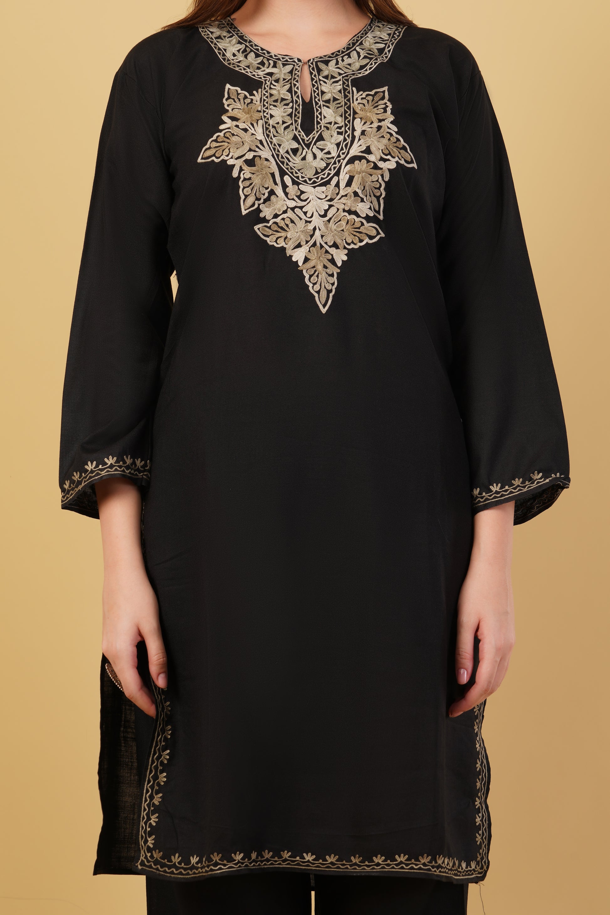 Kashmiri Aari embroidery Cotton Co-ord set Size-40 (Black)
