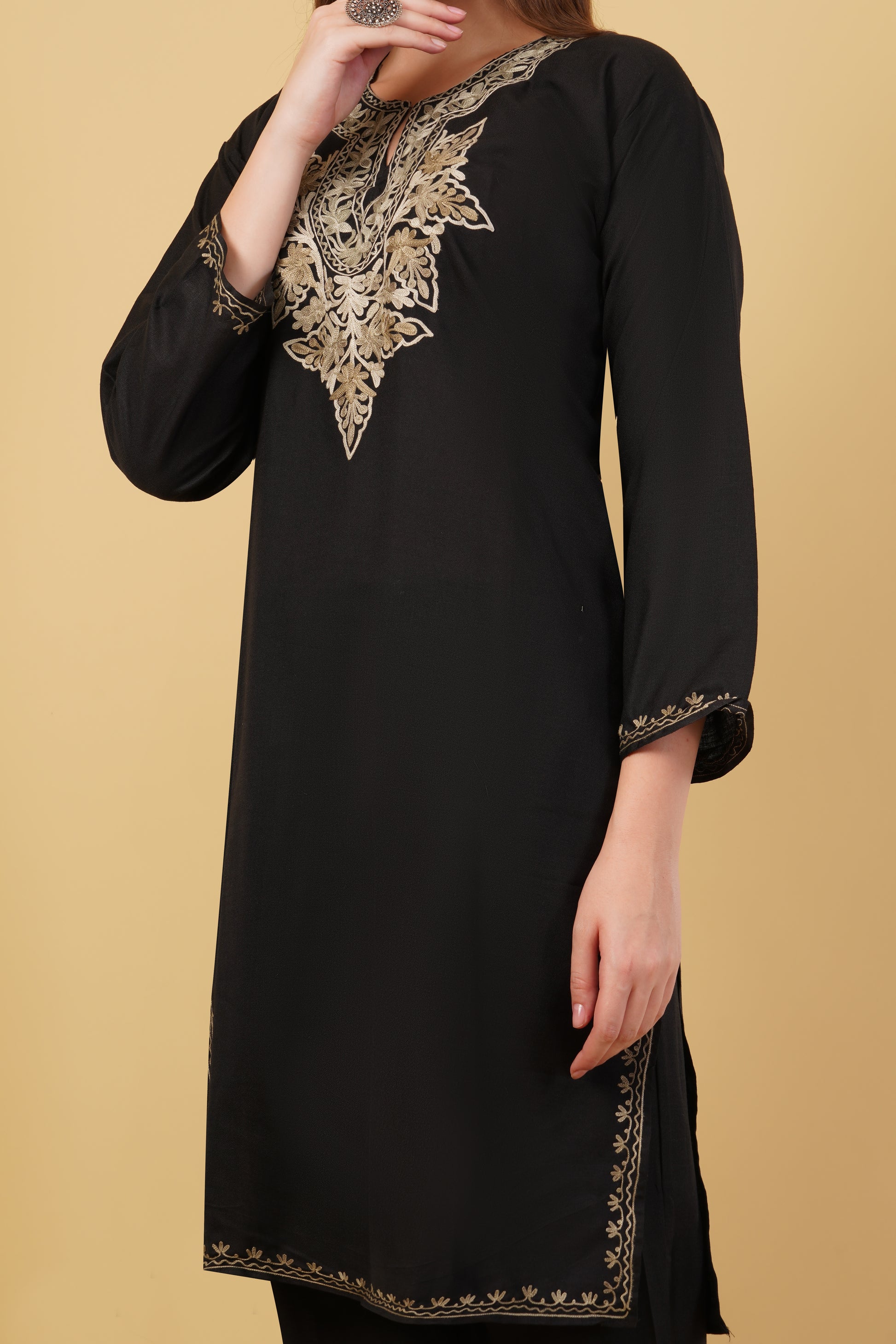 Kashmiri Aari embroidery Cotton Co-ord set Size-40 (Black)