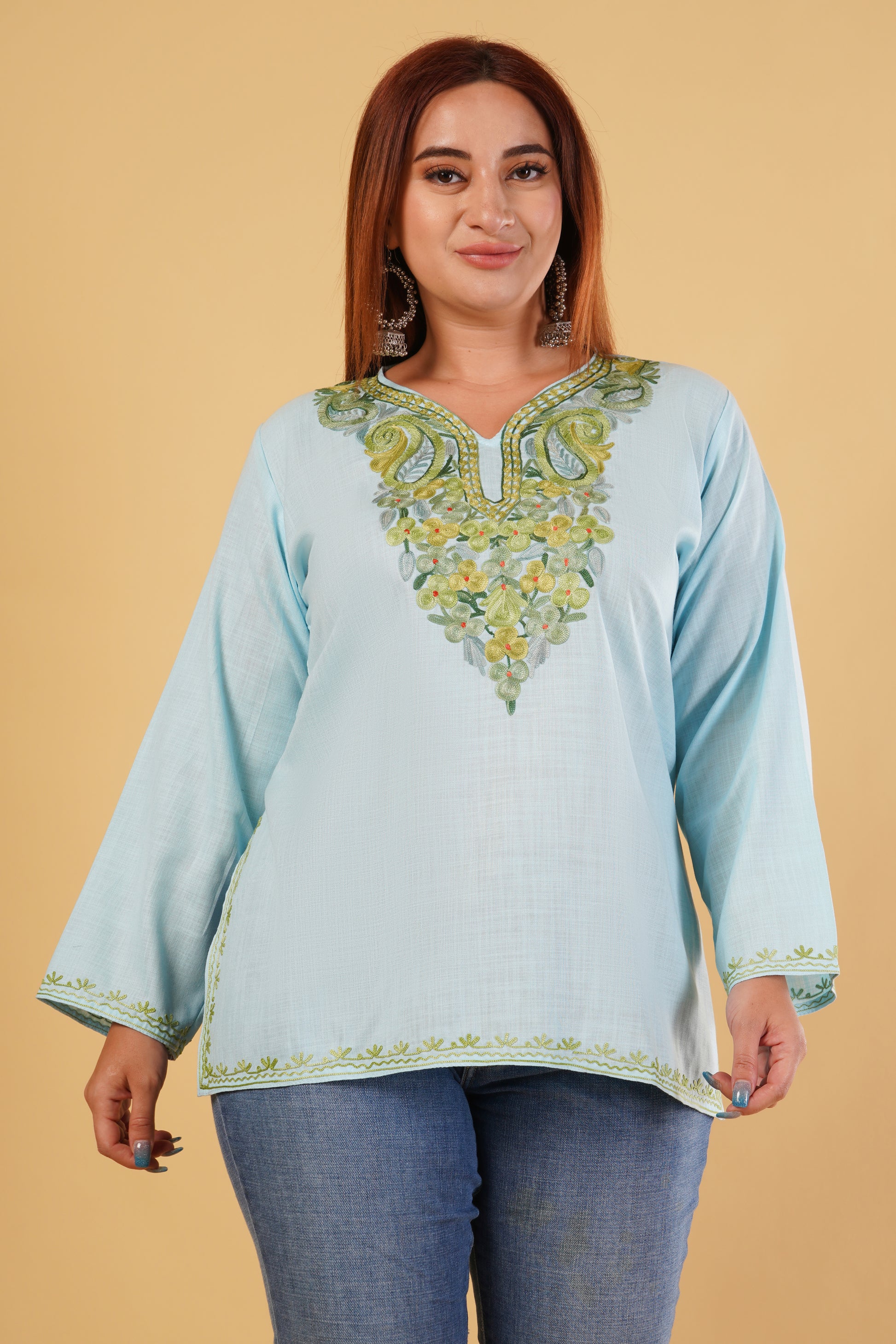Kashmiri Aari embroidery Cotton Short Kurti Size-44(Sky Blue)